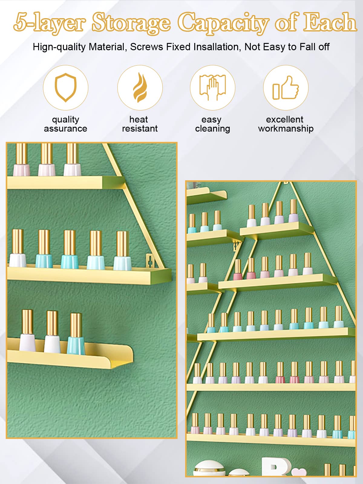 10PCS Gold Metal Wall-Mounted Nail Polish Organizer - 5 Tier Triangular Cosmetic Display Shelf for Lipstick, Perfume & Beauty Products | Space-Saving Storage Solution for Home, Spa, Nail Salon & Retail Shop Display