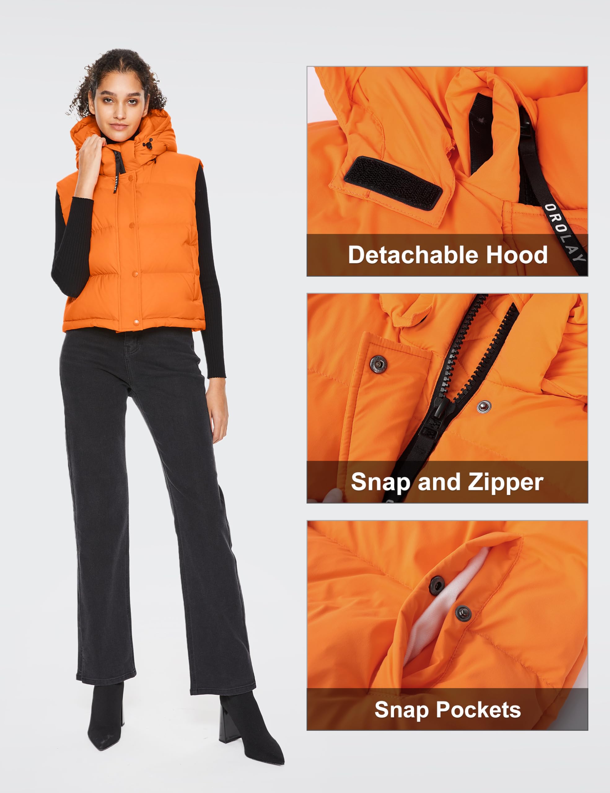 Orolay Women's Cropped Puffer Vest - Hooded Sleeveless Down Jacket with Stand Collar & Pockets | Lightweight Winter Outerwear for Hiking, Travel & Casual Wear