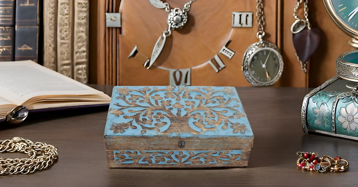 Handmade Wooden Jewelry Box with Tree of Life Carving - Jewelry Organizer, Keepsake Box & Watch Storage - Perfect Birthday, Housewarming Gift for Women - Great for Travel, Bedroom Dresser & Wedding Jewelry Storage