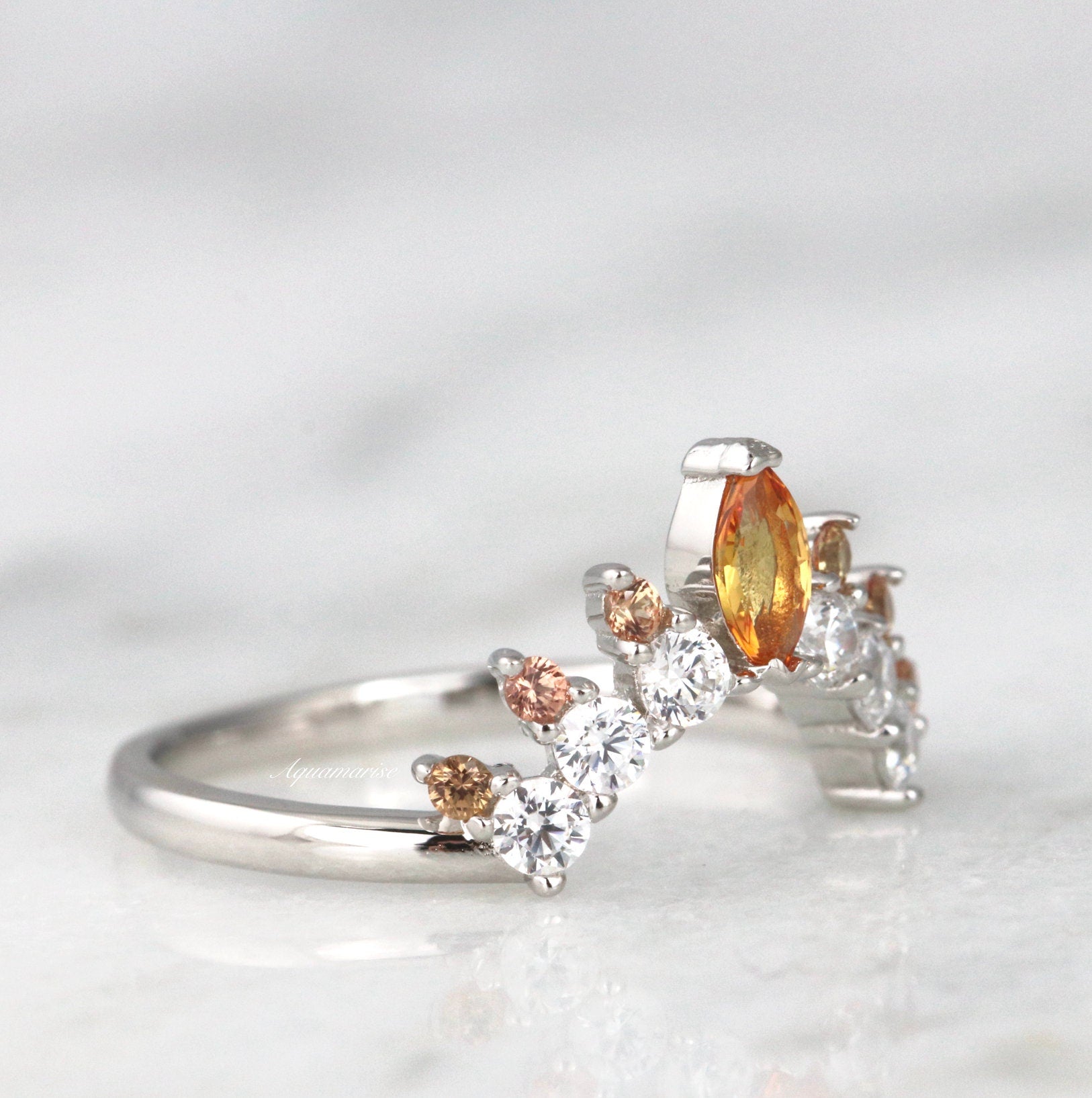 Elegant Tiara Citrine Curved Wedding Band in Sterling Silver – Perfect for Bridal Jewelry, Anniversary Gifts & Special Occasions