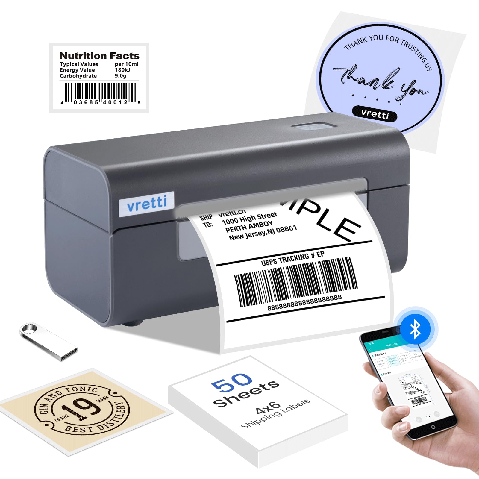 Vretti 4x6 Bluetooth Thermal Shipping Label Printer - Wireless Label Maker for Amazon, eBay, Shopify, Etsy & USPS Packages | Compatible with Mac, Windows, iOS & Linux | Perfect for Home Businesses, E-commerce Sellers & Small Business Shipping