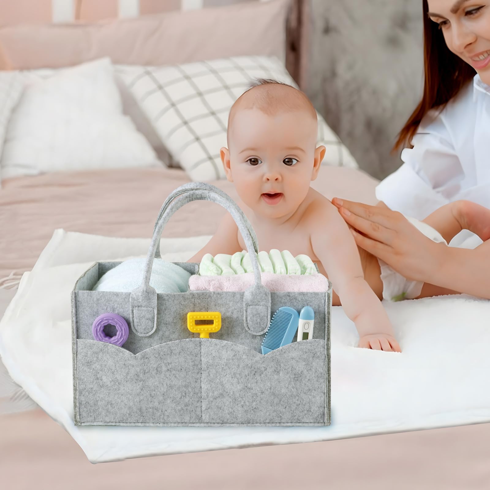 PandaEar Baby Diaper Caddy Organizer - Portable Nursery Storage & Diaper Bag Organizer for Wipes, Diapers & Baby Essentials - Collapsible Divided Design (Gray) - Perfect for Nursery, Travel & On-the-Go Parents