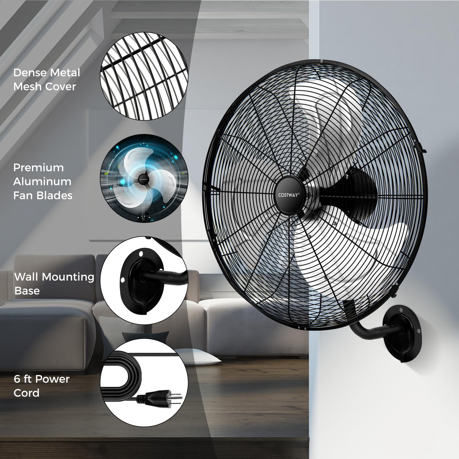 COSTWAY 2-Pack 20-Inch Heavy Duty Metal Wall Mount Fan with 3 Speed Settings, 85° Oscillation & 30° Adjustable Tilt - Aluminum Blade Wall Fan for Garage, Warehouse, Workshop, Home Gym, Patio (Black) | Powerful Cooling for Industrial & Residential Spaces