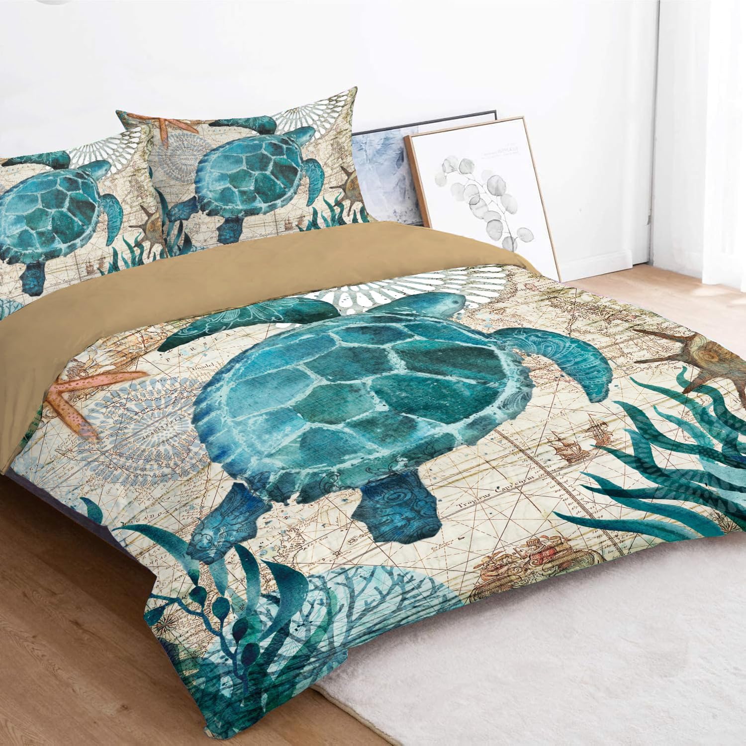 MUSOLEI Ocean Themed Comforter Set - Soft Sea Turtle Printed Bedding for Teen Boys & Girls - Turquoise Mediterranean Style Quilt Set - Twin Size - Perfect for Kids' Bedrooms, Beach Themed Decor & Cozy Sleep