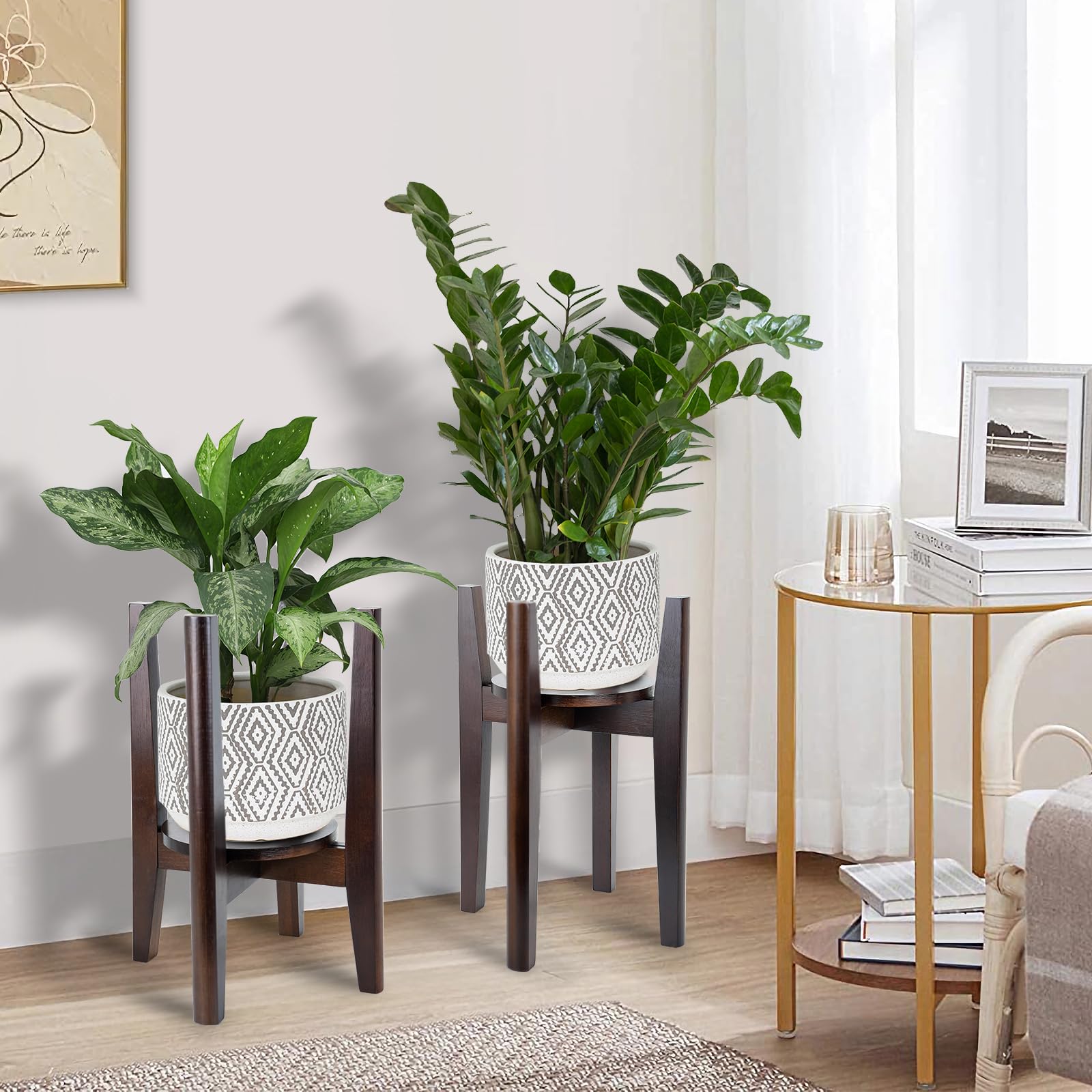 Adjustable Wooden Plant Stand with Tray - Mid Century Modern Indoor Flower Pot Holder for 8