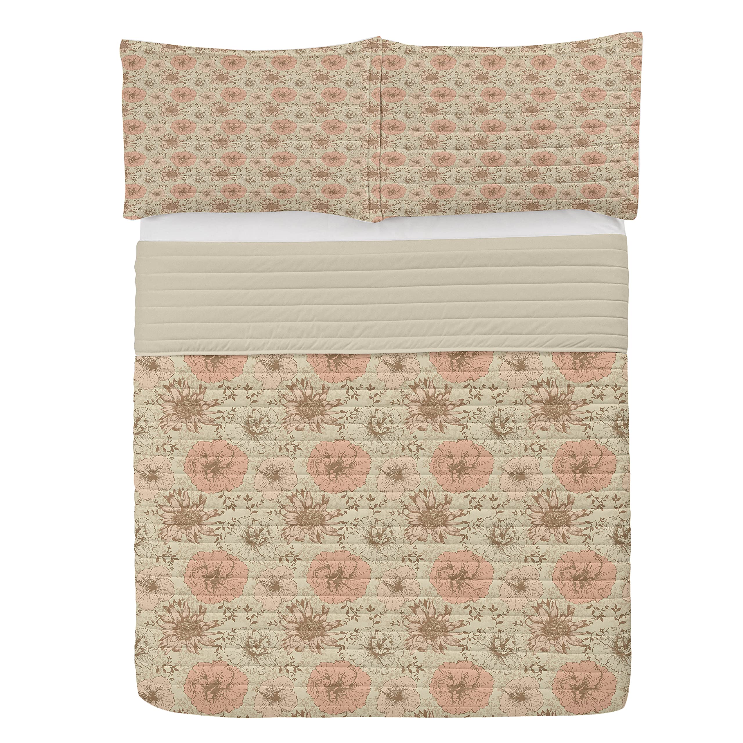 Lunarable Floral Microfiber Bedspread Set - Vintage Nature Design Print with Soft Retro Pattern, Queen Size Cream Pink Brown Bedding Set Includes Pillow Shams & Comforter | Perfect for Master Bedroom, Guest Room & Cozy Home Decor