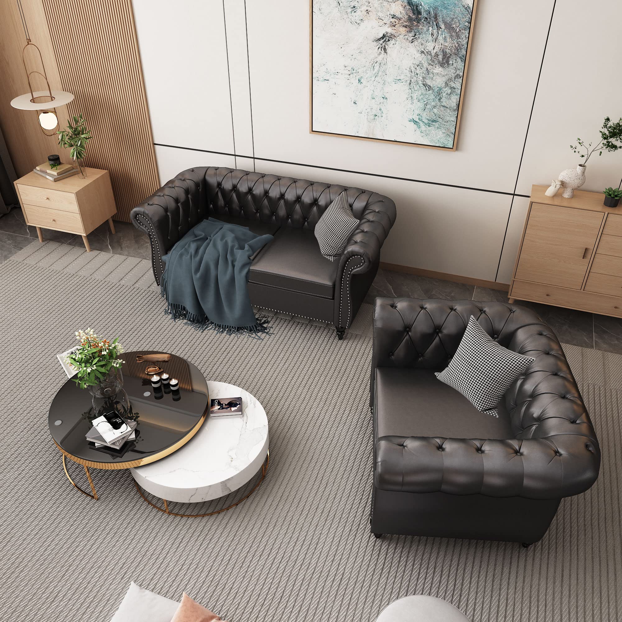 Modular Sectional Sofa Set - PU Leather Upholstered with Tufted Cushions, Space-Saving Furniture for Small Living Rooms & Office Meeting Areas (Black, 1-2 Seater) - Perfect for Apartments, Condos and Compact Workspaces