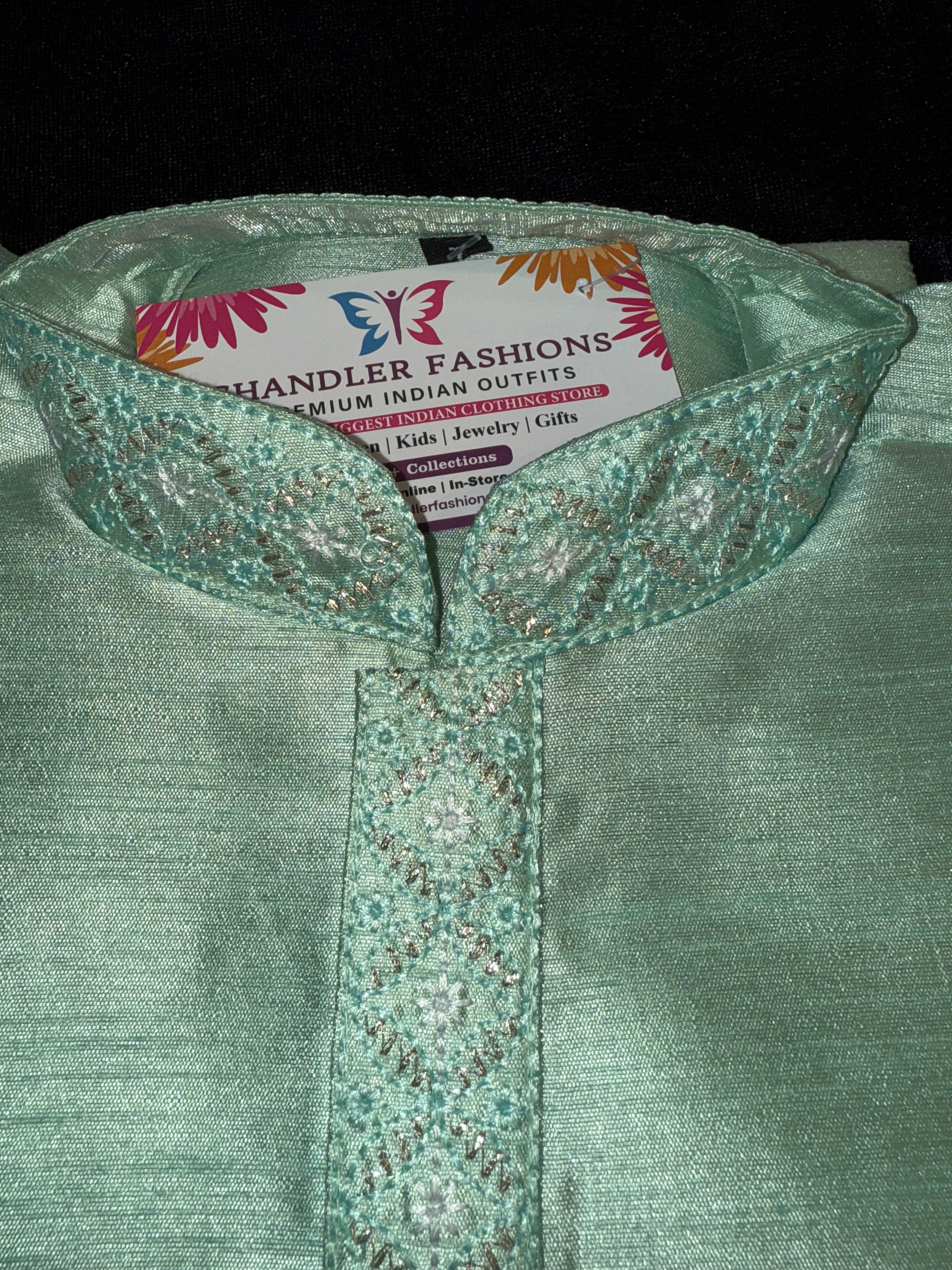 Stylish Light Green Embroidered Kurta Pajama Set for Kids | Traditional Indian Ethnic Wear | Perfect for Festivals, Weddings & Special Occasions