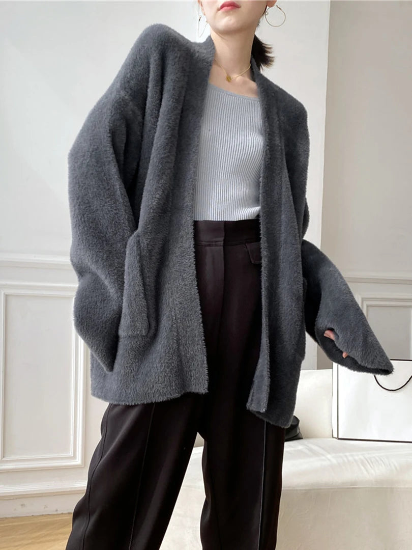 Luxury Big Size Camel Cashmere Knit Cardigan for Women - Loose Fit V-Neck Long Sleeve Sweater | Soft & Warm Winter Fashion 2025 | Perfect for Office, Travel & Casual Outfits