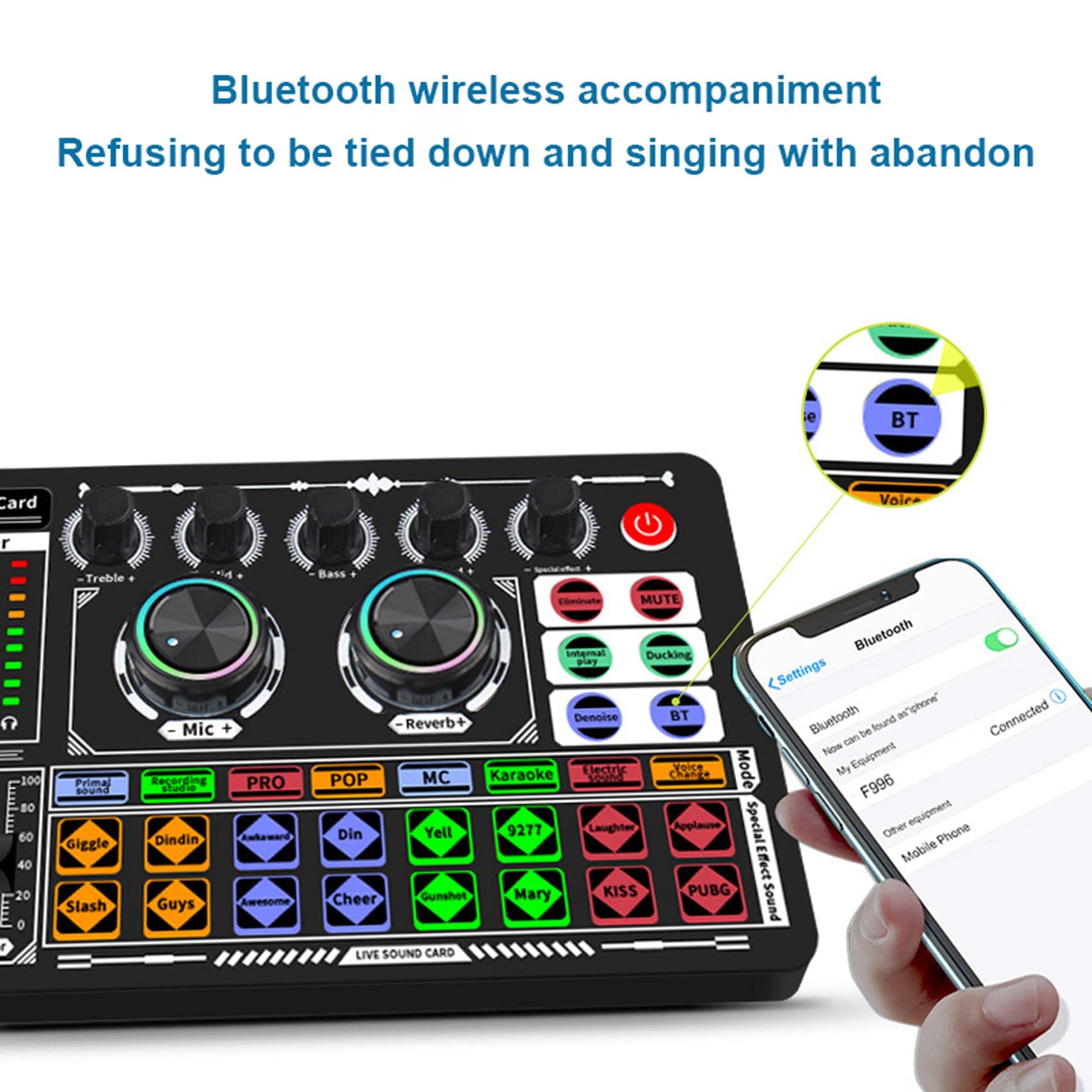 Leihao F999 Professional Audio Mixer & Sound Card - Voice Changer, USB Mixing Console with Amplifier for PC, Phone, Computer (Perfect for Live Streaming, Podcasting & Karaoke)