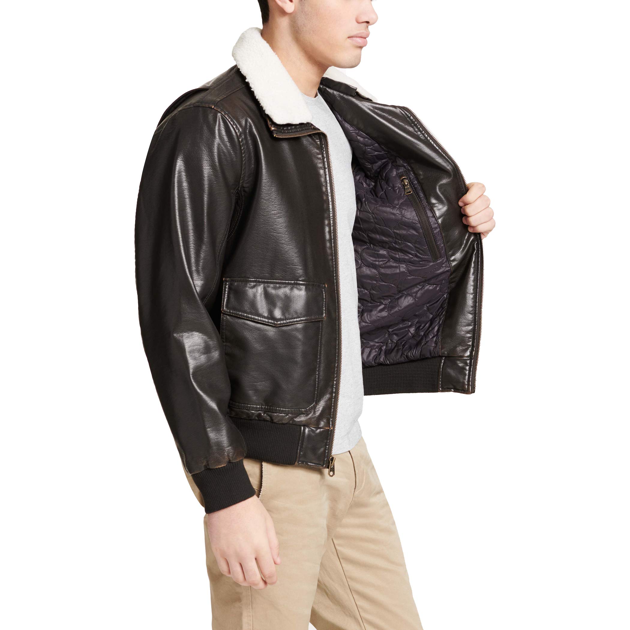 DOCKERS Men's Maverick Faux Leather Sherpa Collar Aviator Bomber Jacket for Men - Warm Winter Coat with Fleece Lining (Standard & Big-Tall Sizes) | Casual Outerwear for Fall & Winter Seasons