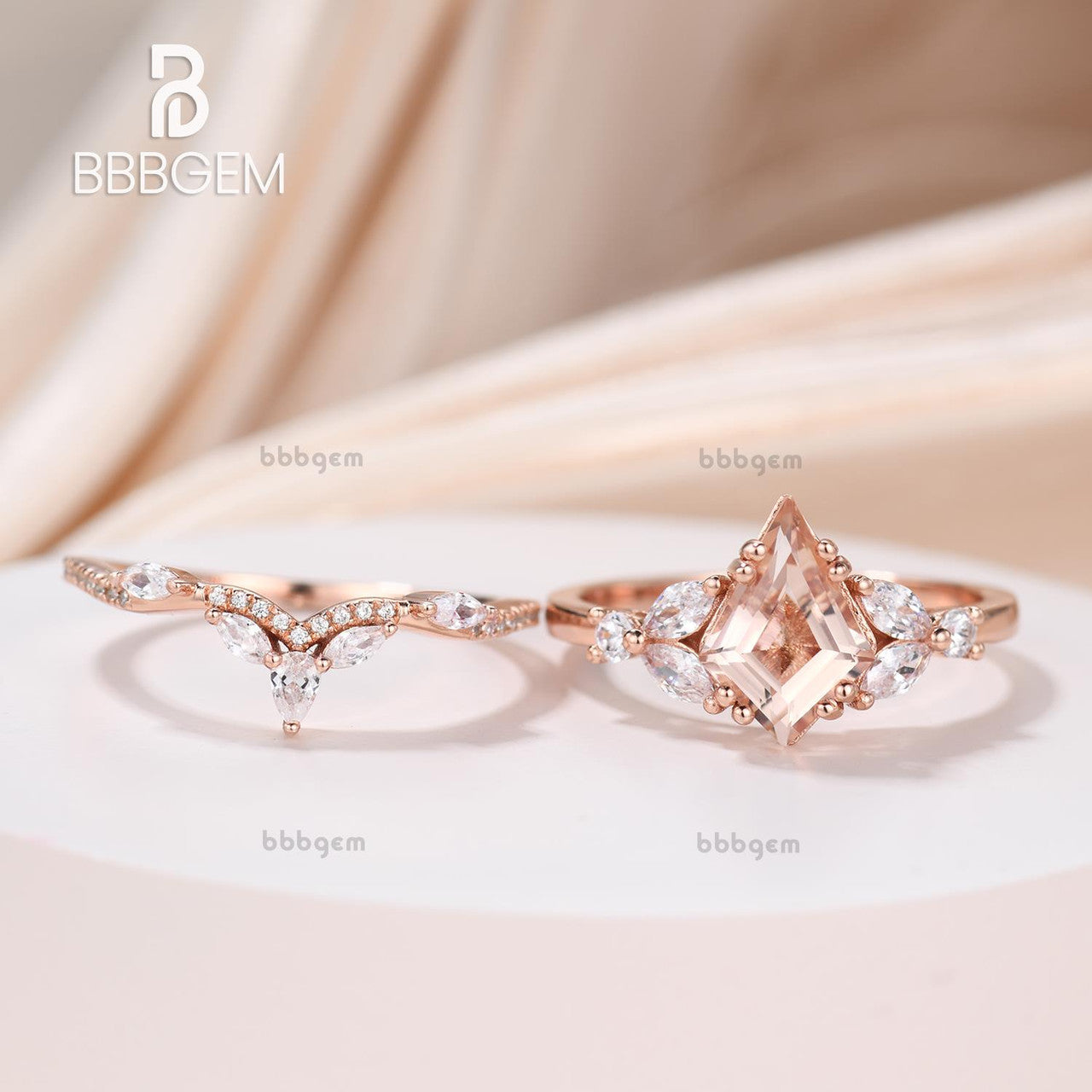 18K Rose Gold Morganite Wedding Ring Set - Kite Shape Peach Morganite Bridal Ring for Women | Perfect for Engagement, Proposal & Anniversary Gifts