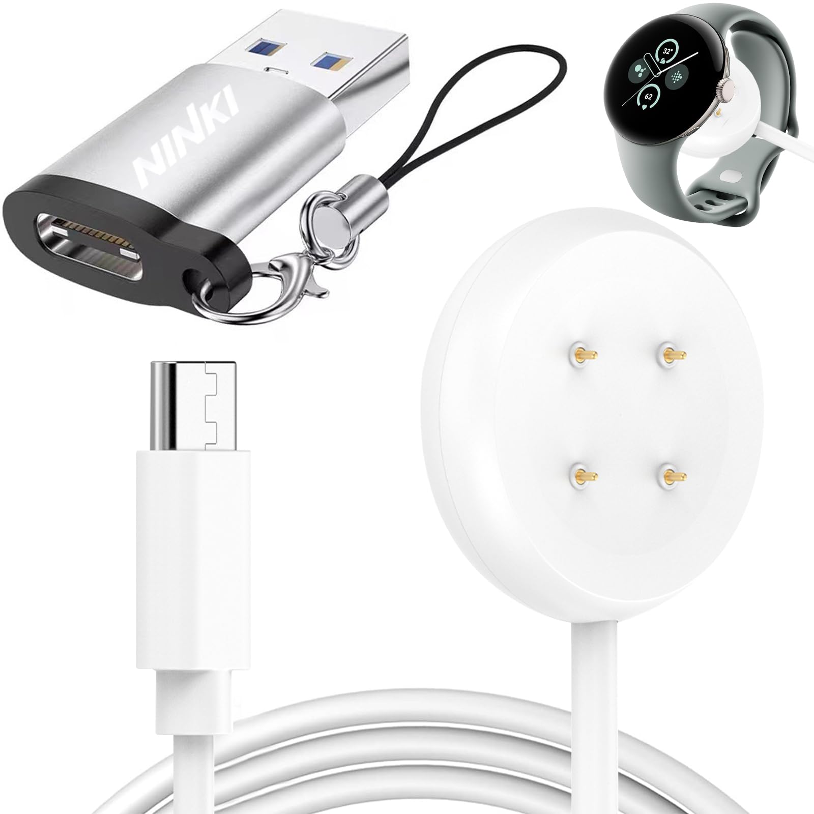 Google Pixel Watch 3 41mm/44mm & Pixel Watch 2 Charger Stand - Wireless Charging Dock Compatible with Fitbit Versa 4/3/Sense 2, Includes USB-C + USB Adapter (White) - Perfect for Home, Office and Travel Use