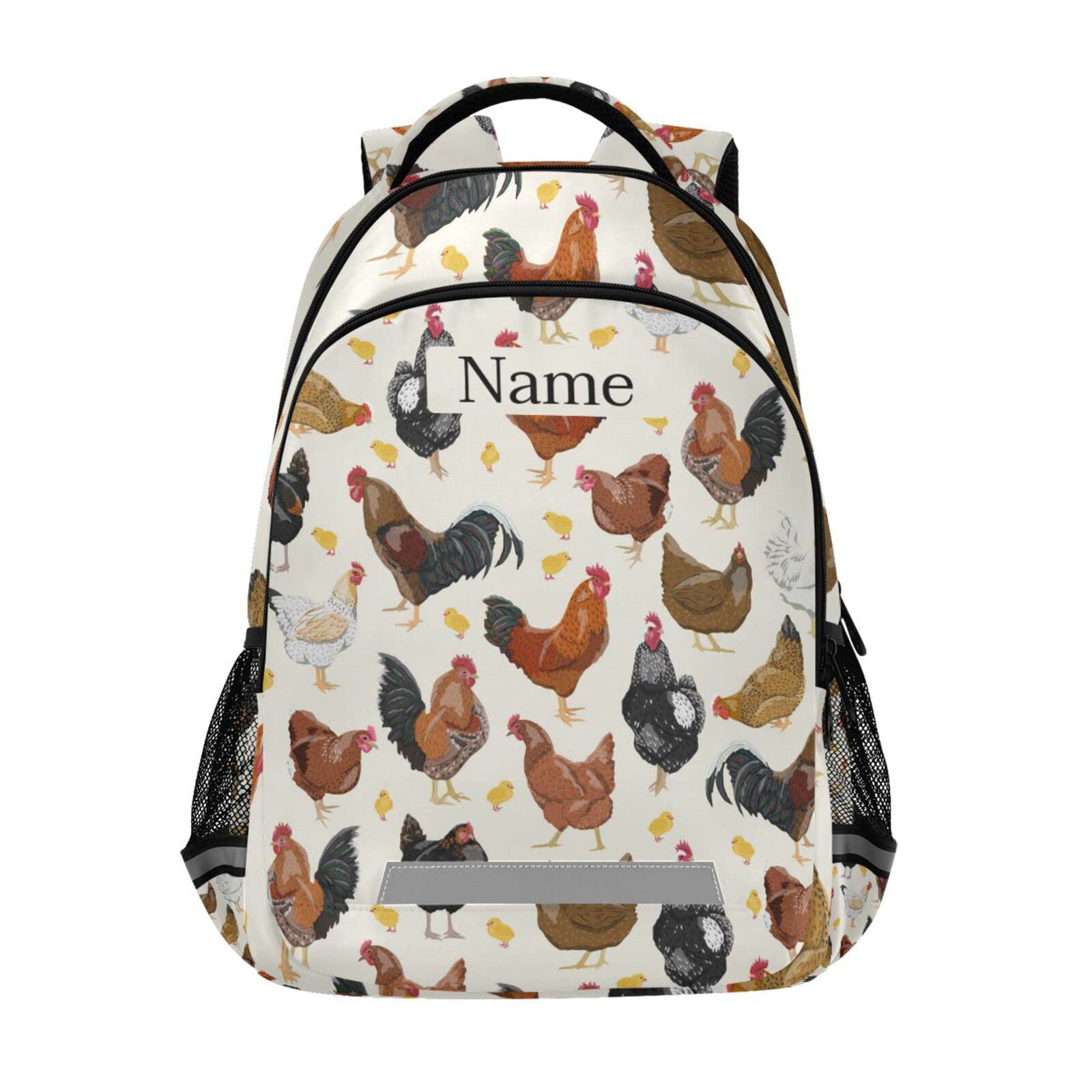 Custom Personalized Name Chicken Rooster Backpack - Reflective Travel School Bag for Students with Adjustable Buckles | Great for College, Hiking, Commuting & Everyday Use