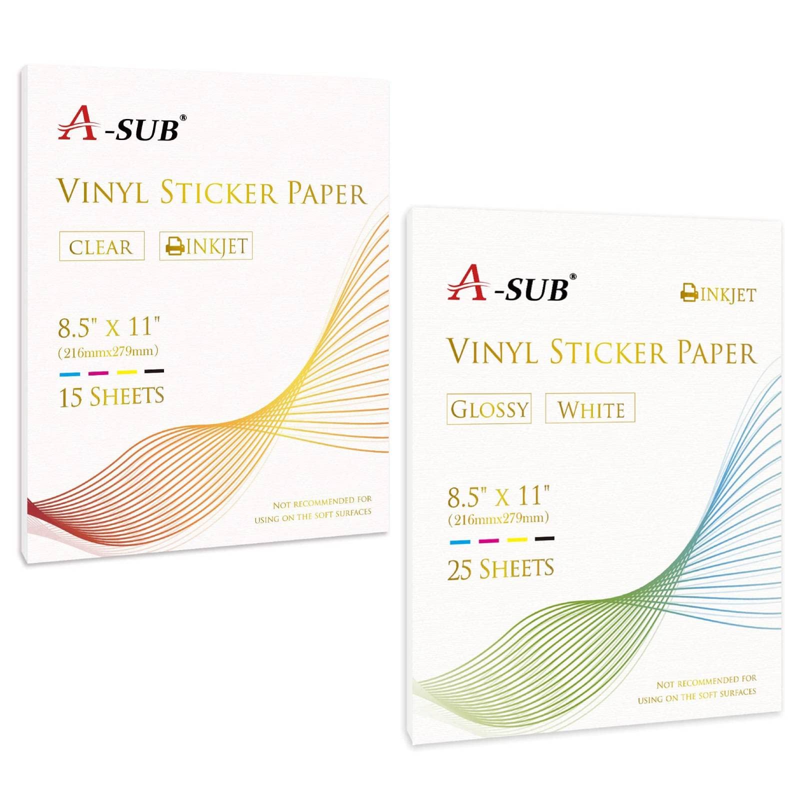 A-SUB Waterproof Printable Vinyl Sticker Paper Bundle - Glossy & Clear Inkjet Sticker Sheets for DIY Crafts, Labels, Decals & Scrapbooking Projects