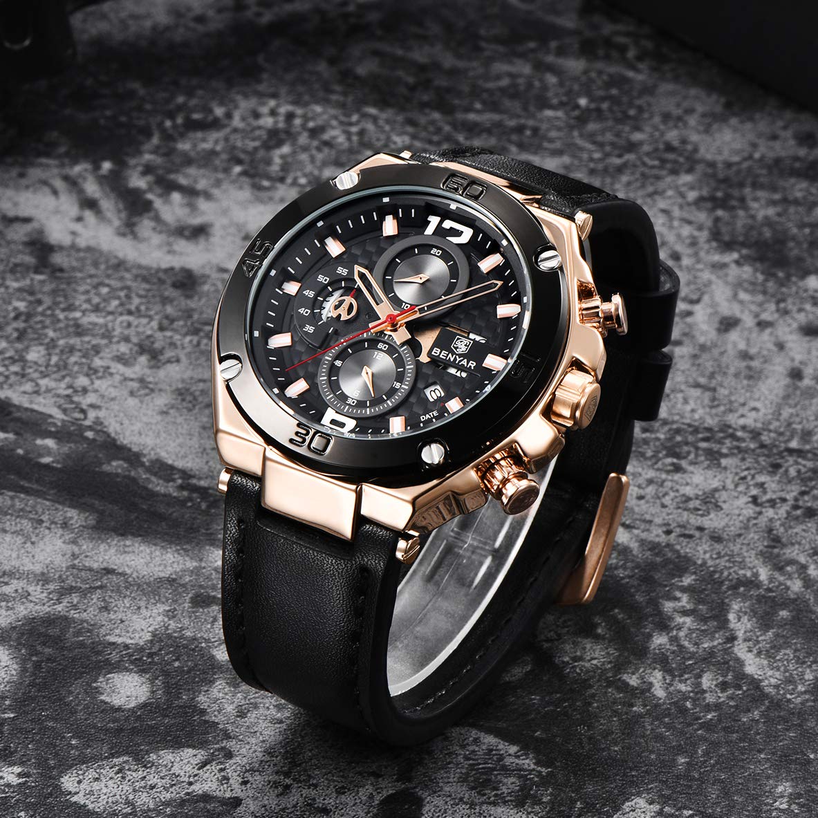 BENYAR Men's Chronograph Date Waterproof Sports Watch - Leather Strap Business Wristwatch for Office, Casual & Outdoor Activities