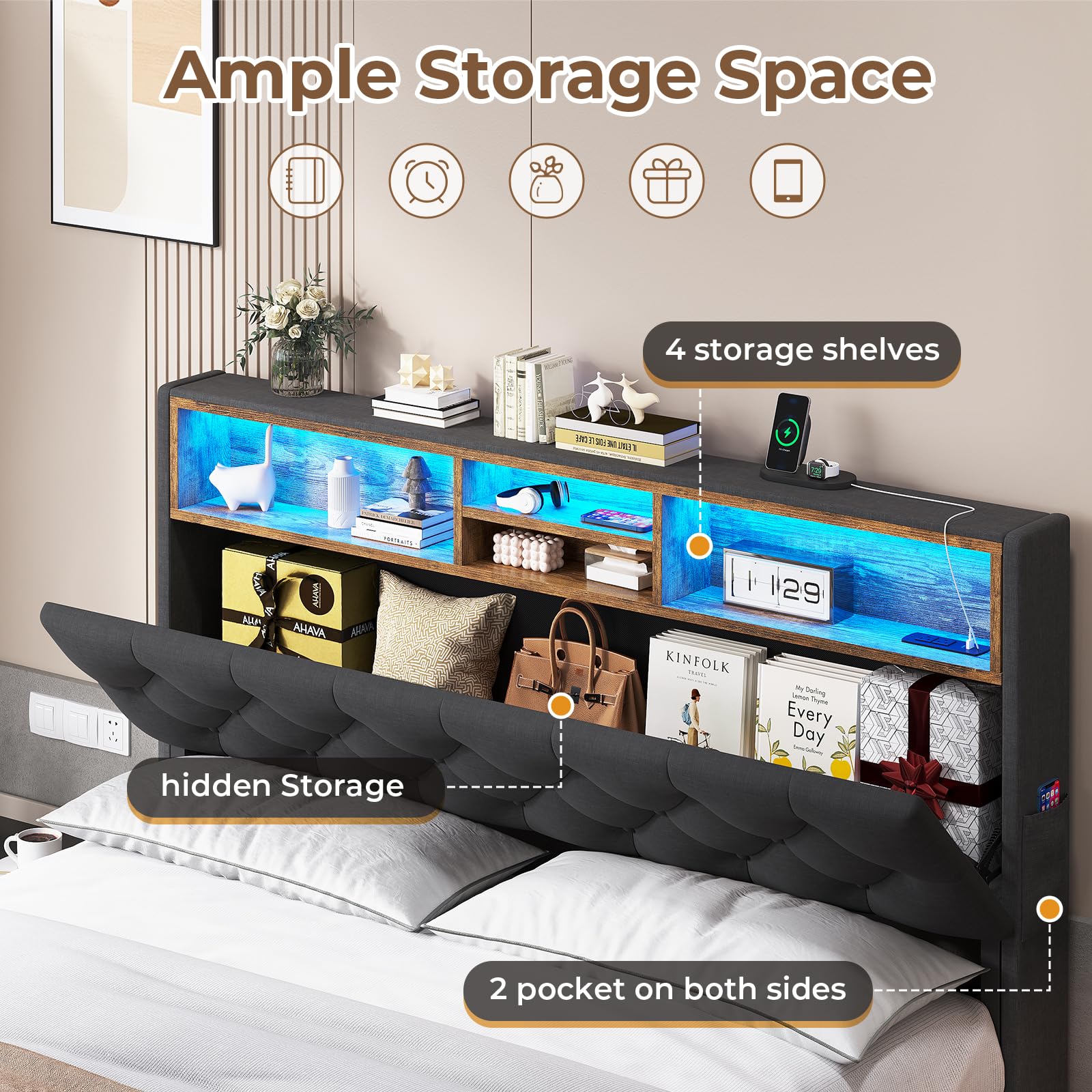 Queen Size Upholstered Platform Bed Frame with Hidden Storage Headboard, 4 Drawers, LED Lights & USB Charging Station - No Box Spring Needed, Noise-Free, Dark Grey - Perfect for Small Bedrooms, Guest Rooms & Modern Apartments