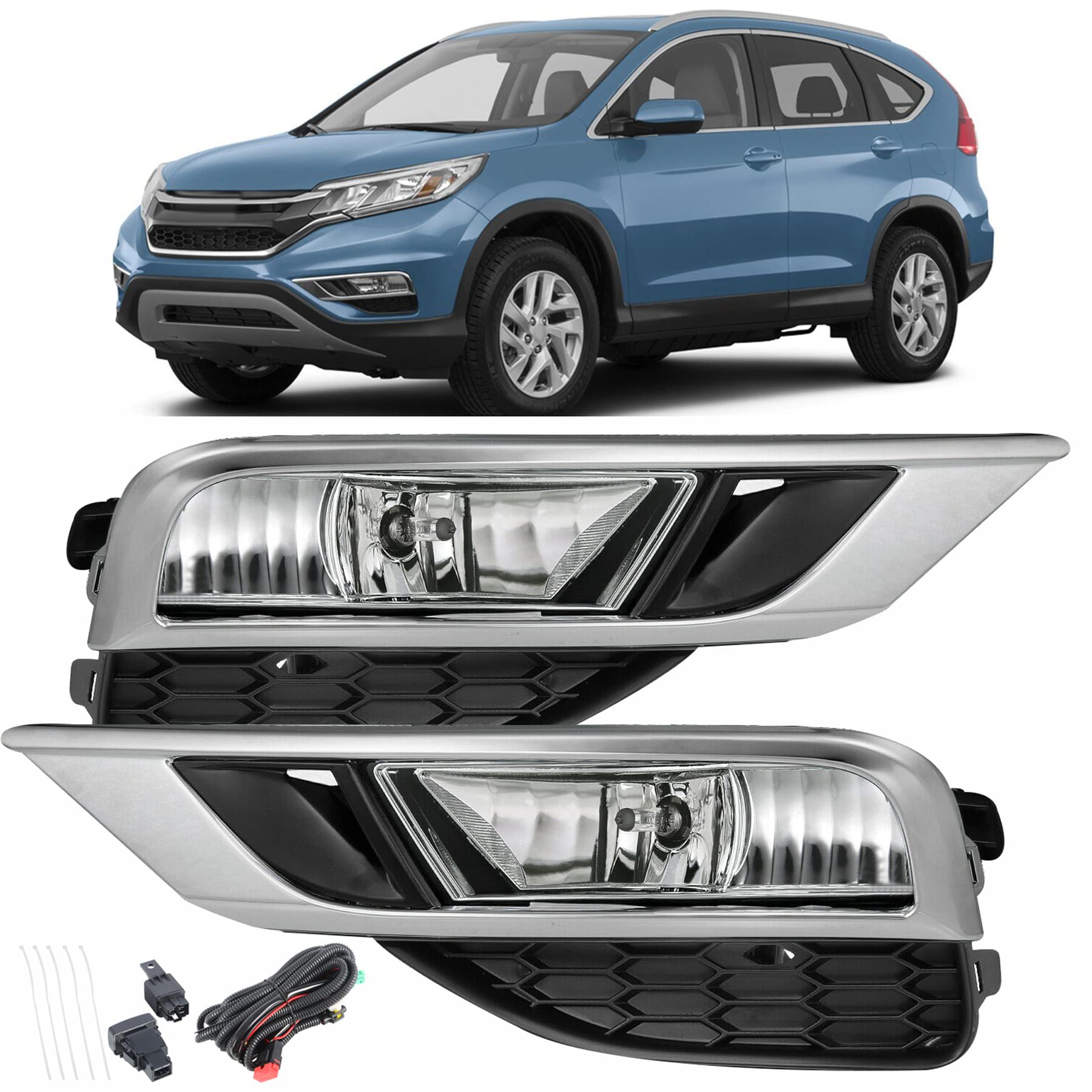 2015-2016 Honda CR-V Fog Lights Assembly Replacement Kit - Left & Right Side with Bulbs, Bezels & Harness Switch - Durable Driving Lamps for Improved Visibility in Rain, Fog & Low-Light Conditions