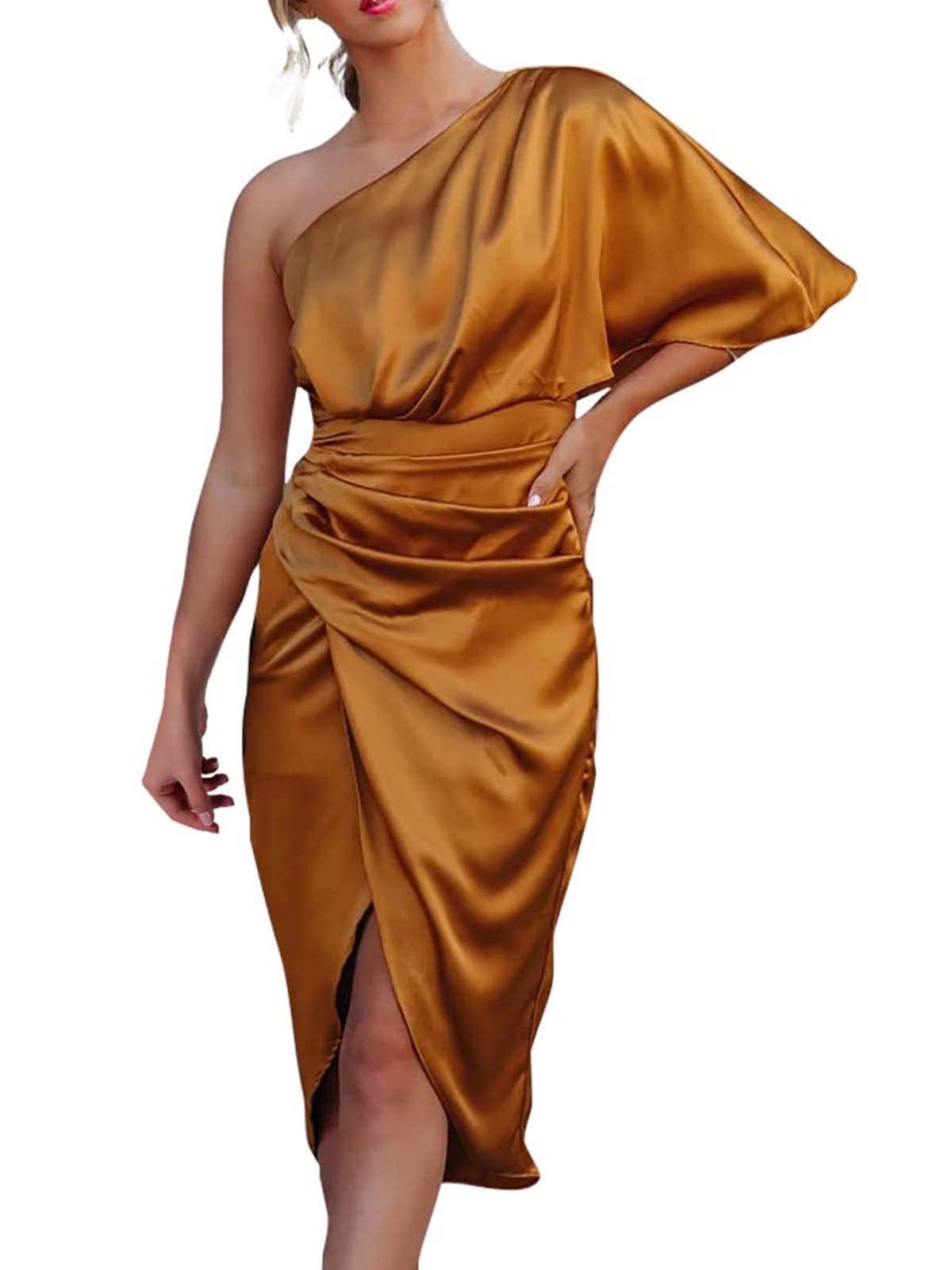 Elegant Women's One Shoulder Satin Bodycon Dress with Ruched Detail, Asymmetrical Split & Wrap Belt - Perfect for Cocktail Parties, Date Nights & Formal Events