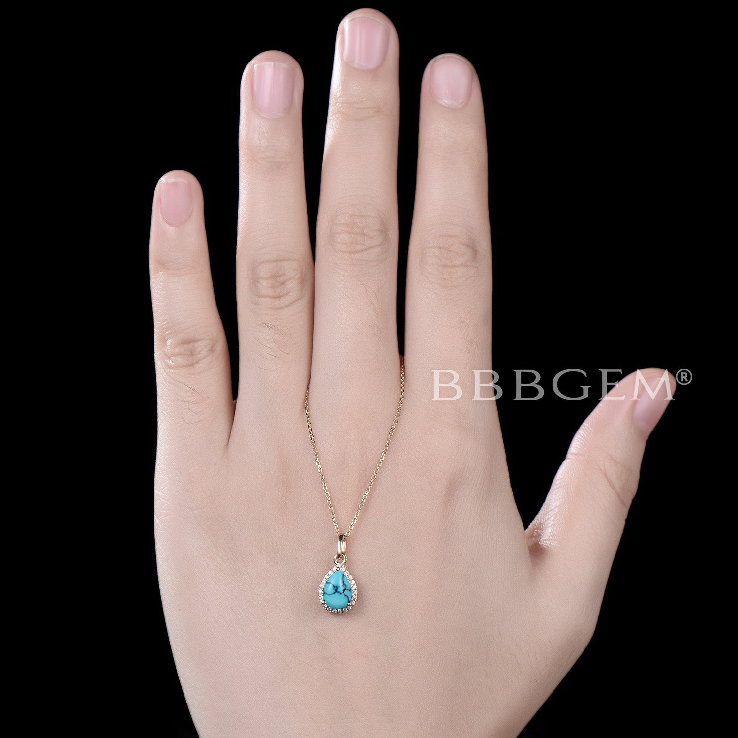 14K Gold Halo Diamond Pendant with Natural Turquoise Stone - Elegant Teardrop Necklace for Women | Perfect for Weddings, Anniversaries & Special Occasions