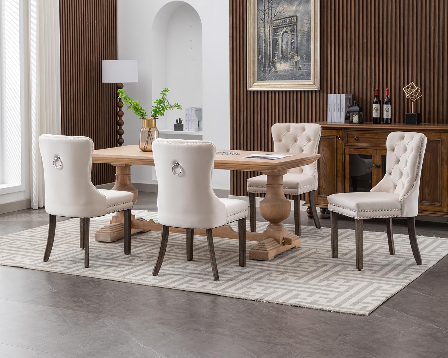 KCC Velvet Dining Chairs Set of 4 - Upholstered Tufted High Back Dining Chairs with Nailhead Trim & Solid Wood Legs, Modern Kitchen Dining Room Chairs for Home, Restaurant, Cafe - Beige Velvet Nikki Collection