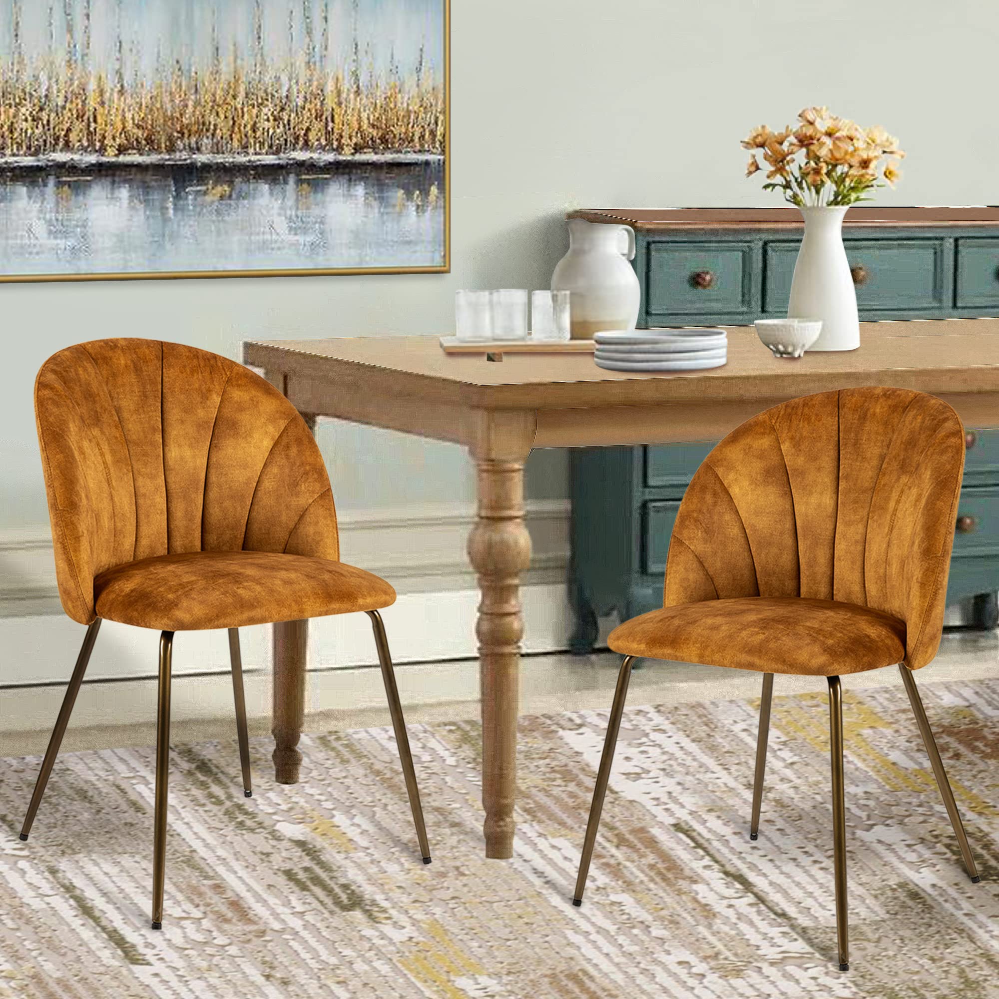 Velvet Brown Dining Chairs with Brass Legs - Mid Century Modern Upholstered Accent Chairs Set of 2 for Kitchen, Living Room & Dining Room - Perfect for Home Decor, Entertaining Guests & Cozy Seating