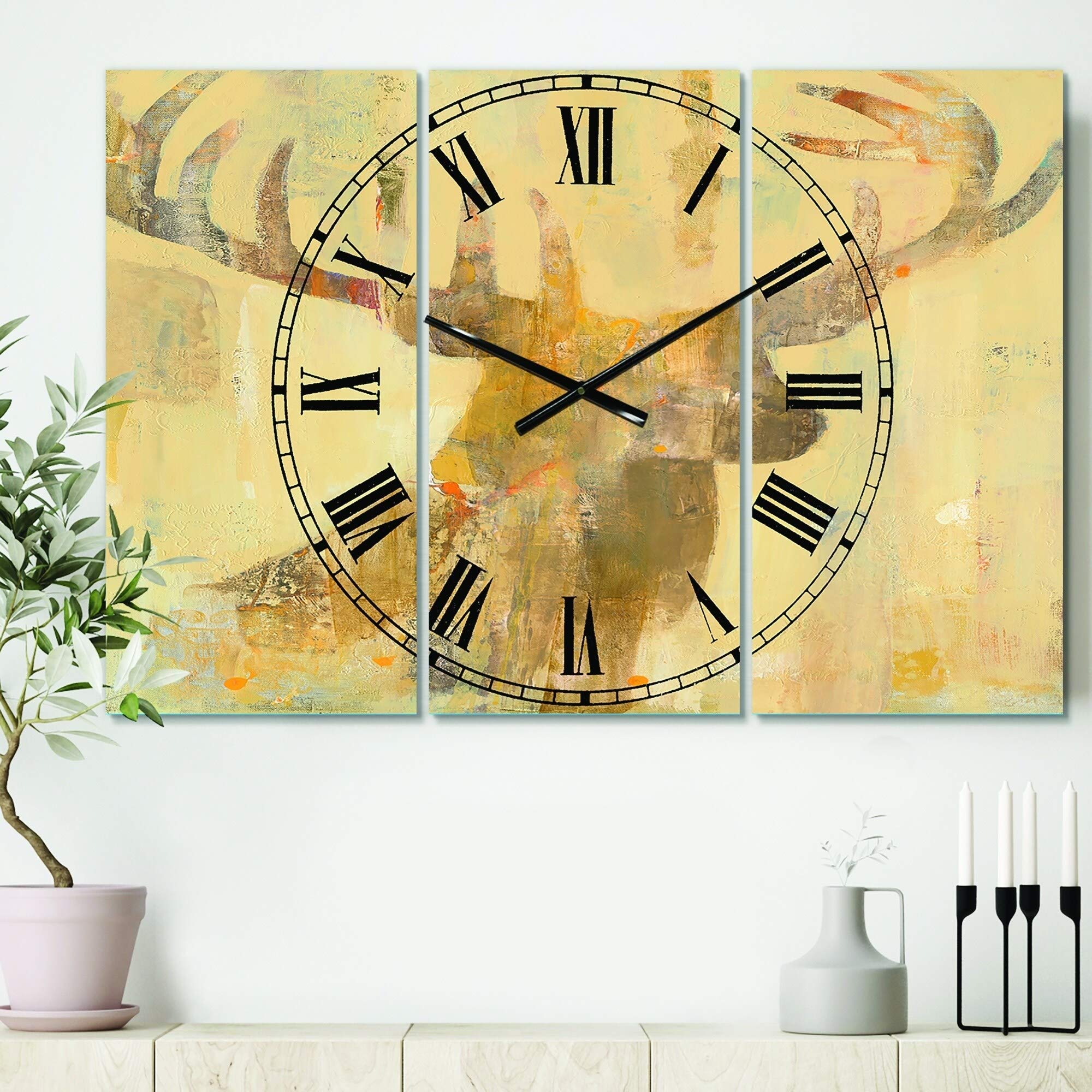 Designart 'Golden Deer I' Oversized 3-Panel Wall Clock - 36