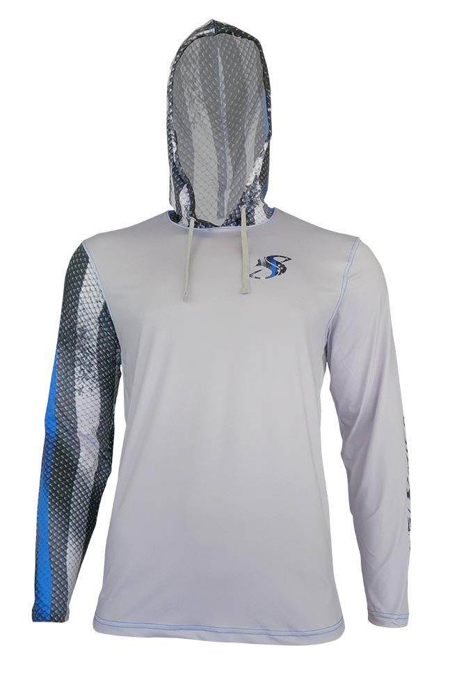 Men's UPF 50+ Performance Fishing Hoodie - Salty Scales Blue Line Leo/Snook Sun Protection Shirt for Saltwater Anglers | Perfect for Offshore Fishing, Boating & Outdoor Water Sports
