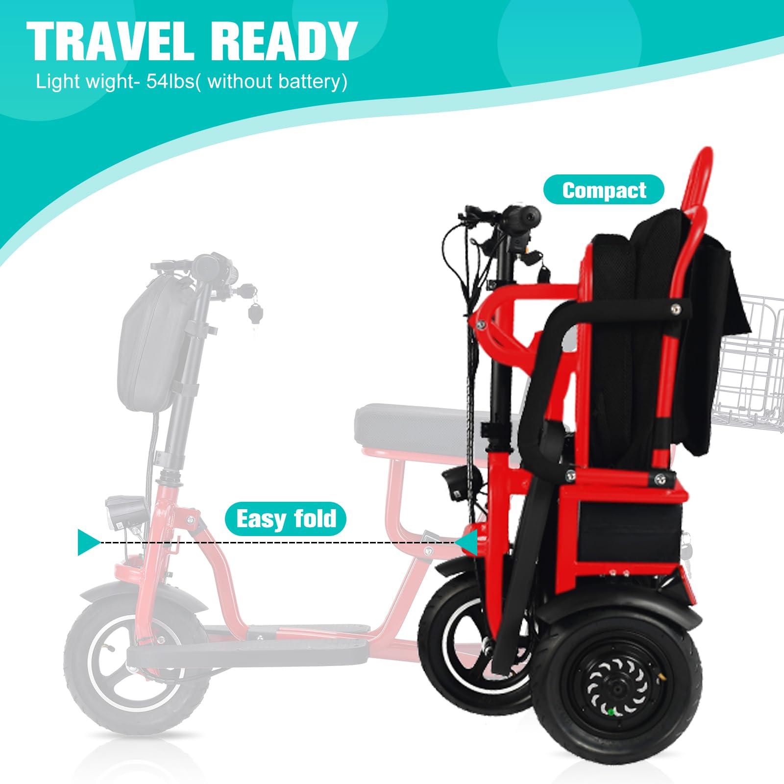 3-Wheel Folding Electric Mobility Scooter for Adults & Seniors - Lightweight Travel Scooter with Basket, 300lb Weight Capacity, 20-Mile Range (Red) - Perfect for Shopping, Travel & Outdoor Activities