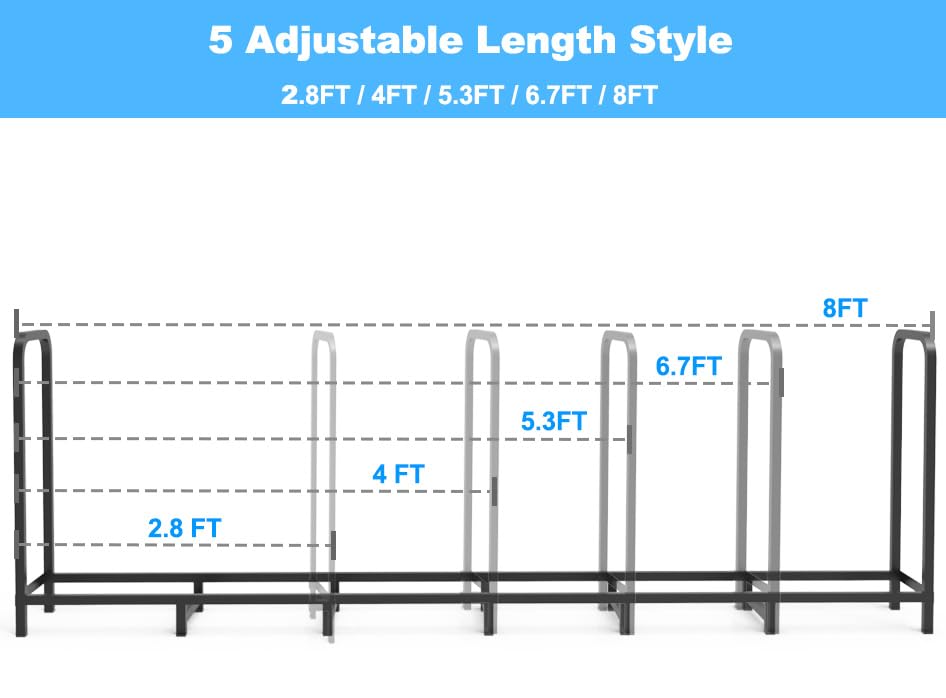 8ft Heavy Duty Adjustable Firewood Rack Holder - Metal Fireplace Log Stacker Stand for Indoor & Outdoor Use - Patio Wood Storage Organizer with Black Finish - Perfect for Fireplace, Backyard, Camping & Woodpile Organization