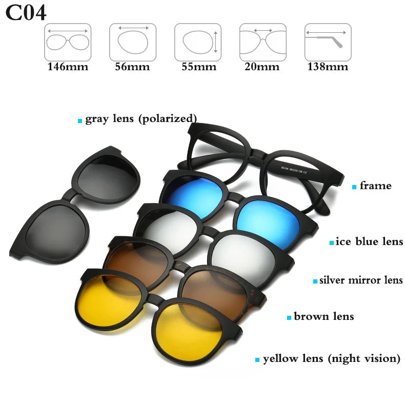 Belmon Unisex Square Eyeglasses with 5 Clip-On Sunglasses - Lightweight Blue Light Blocking Glasses for Men & Women - Perfect for Reading, Driving, and Outdoor Activities (RS159)