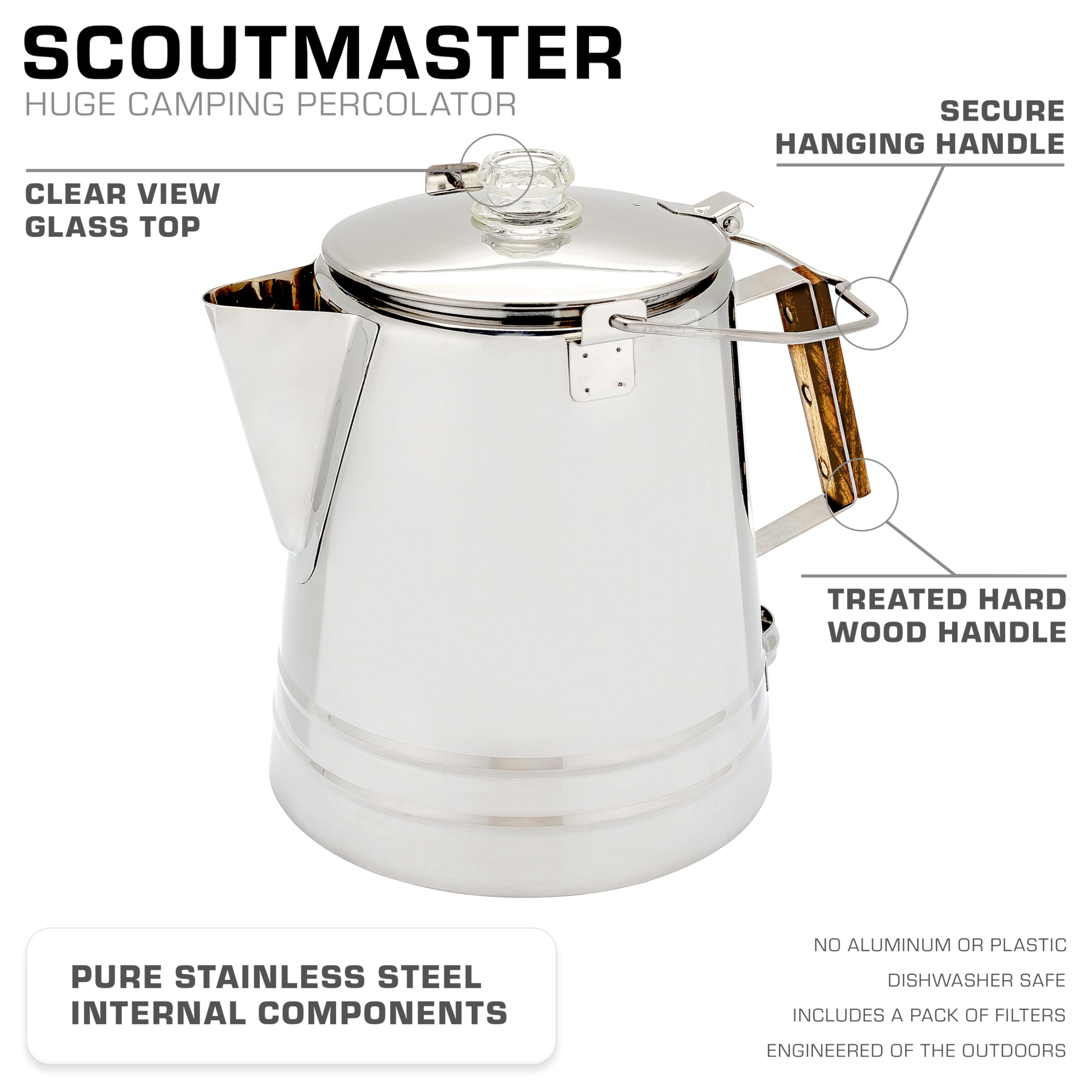 COLETTI Scoutmaster 24-Cup Coffee Percolator for Camping – Durable Stainless Steel Stovetop Coffee Maker for Outdoor Adventures, Hiking & RV Trips – Perfect for Large Groups & Family Gatherings