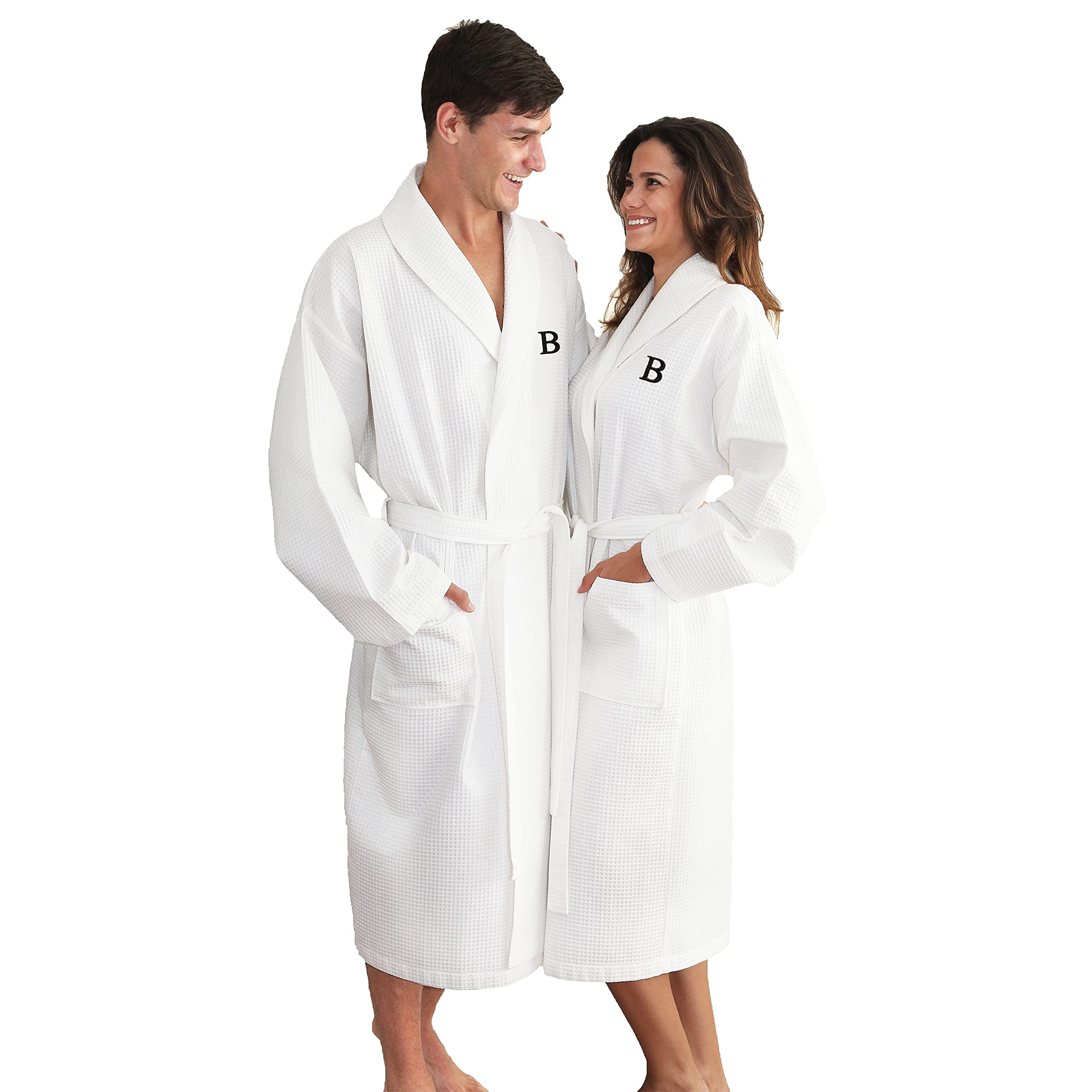 Premium White Unisex Turkish Cotton Waffle Weave Terry Bathrobe with Black Monogram - Soft & Absorbent - Sizes L-XL - Perfect for Spa, Hotel Luxury & Home Relaxation