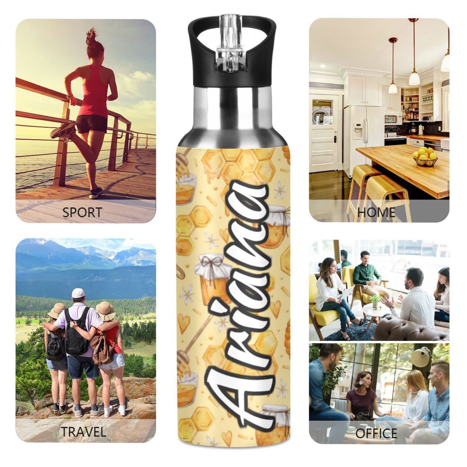 Custom Personalized 20oz Honey Bee Insulated Water Bottle with Straw Lid - Leakproof Stainless Steel Sports Bottle for Hiking, Gym, Outdoor Activities & Daily Use