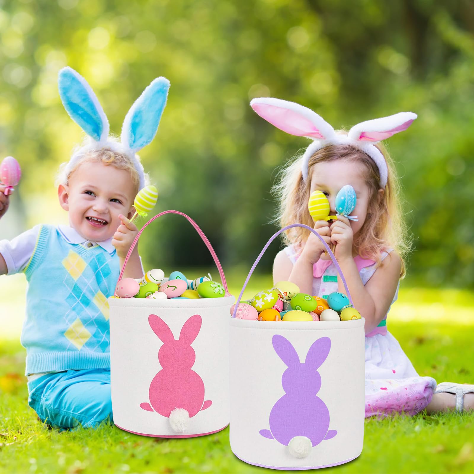 Easter Bunny Baskets for Kids - 3 Pack Canvas Easter Egg Hunt Bags, Rabbit Themed Gift Toys & Tote Buckets (Purple, Pink, Blue) - Perfect for Easter Egg Hunts, Party Favors & Spring Celebrations