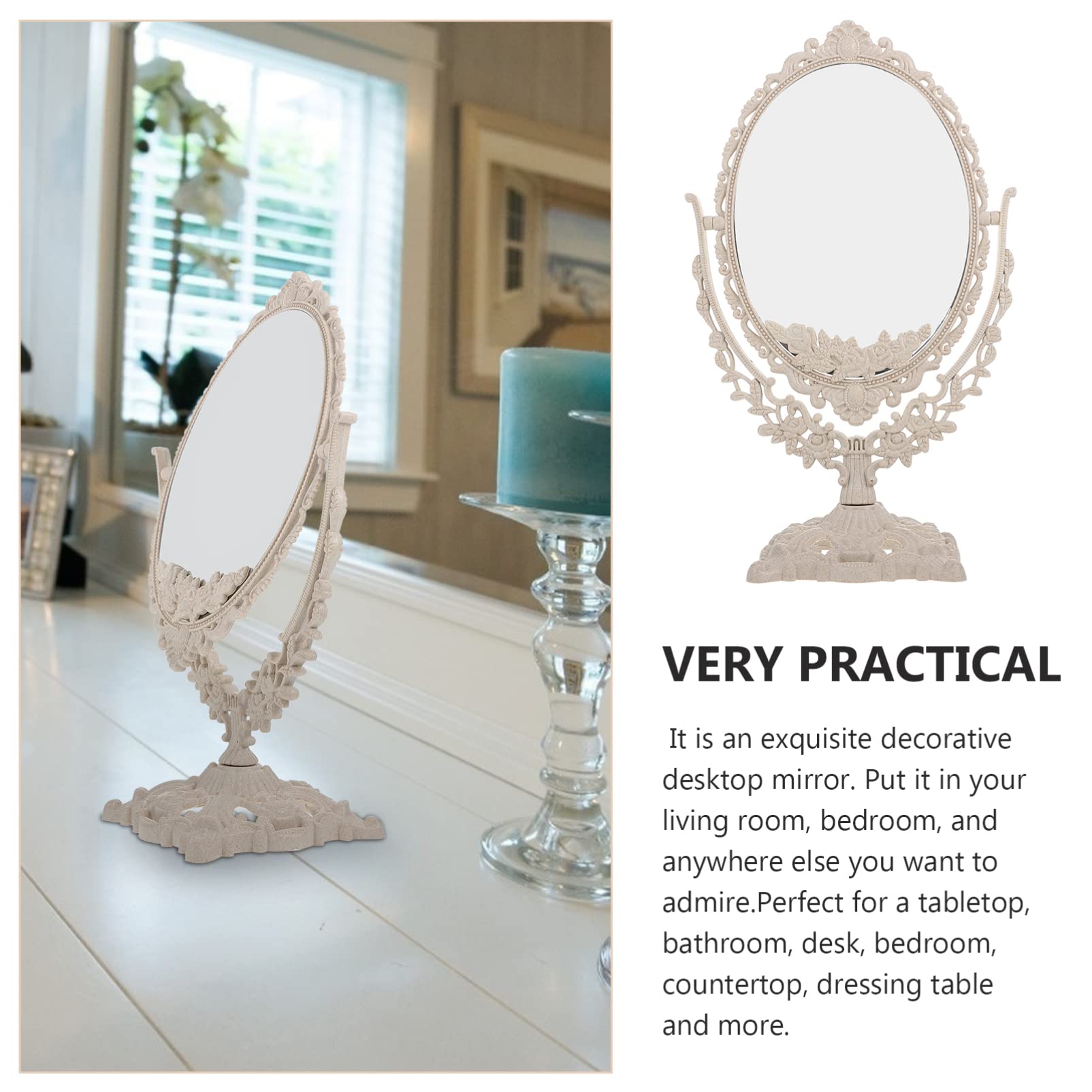 Beaupretty European Style Vanity Mirror - Double Sided Oval Makeup Mirror with Stand for Bathroom & Bedroom | Retro Tabletop Cosmetic Mirror for Makeup Application, Skincare Routine & Dressing Table Decor