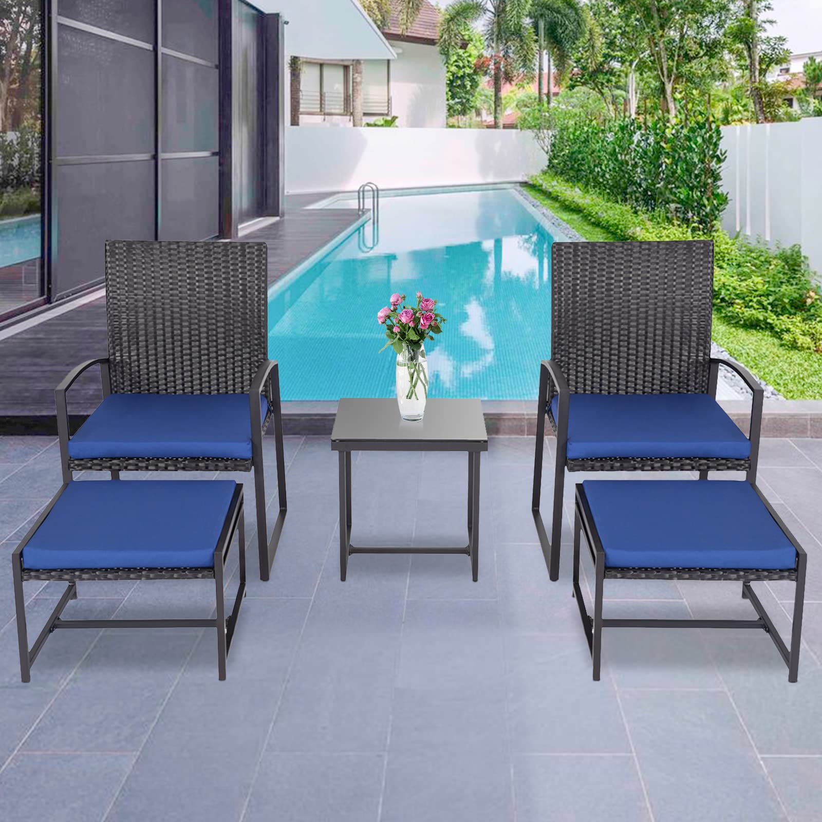 5-Piece Wicker Patio Furniture Set with Ottoman & Cushions - Outdoor Conversation Set with Coffee Table - Perfect for Porch, Balcony, Poolside & Garden (Navy Blue) - Weather-Resistant Rattan Bistro Set for Relaxing & Entertaining