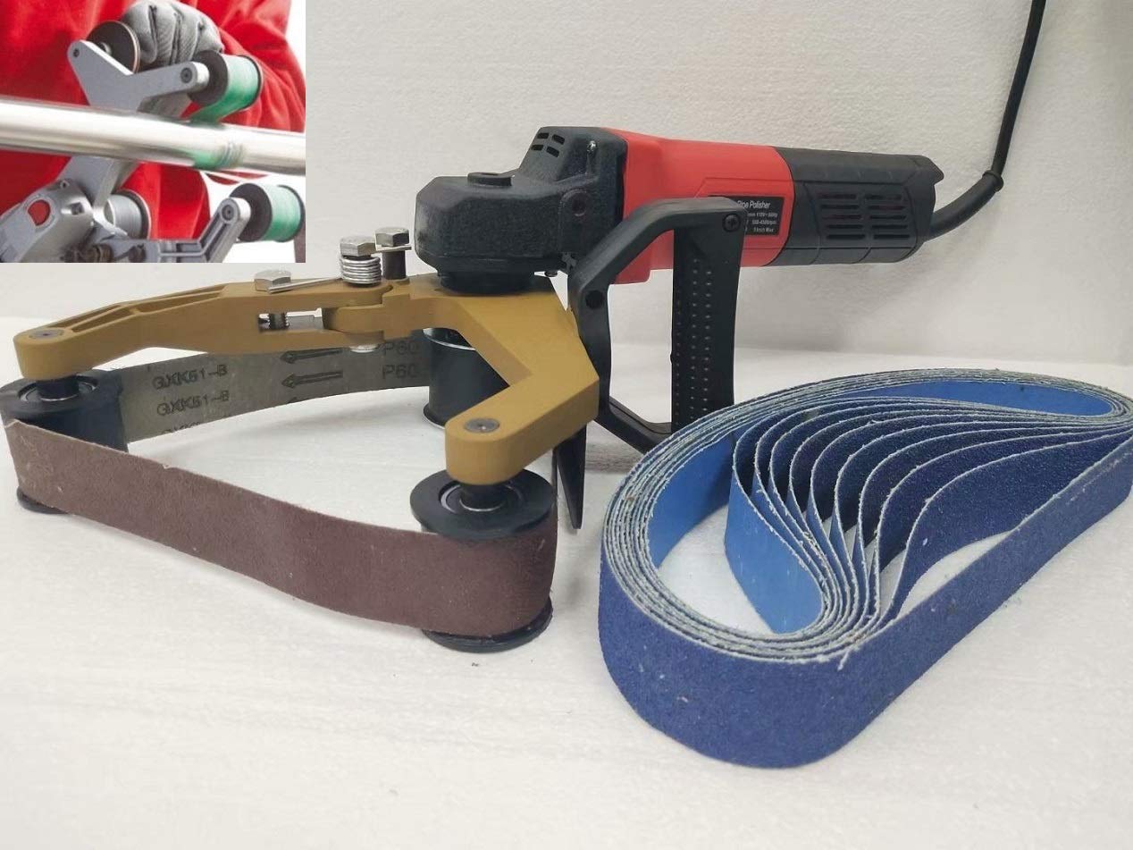 40A & 20 Belts Wet Dry Pipe Polisher Grinder Sander for TIG Plasma Arc Welds - 5 Extra Carbon Brushes - Metal, Stainless Steel, Coating, Paint Removal, Wood Sanding - Burnisher Strip Disc Wheel for DIY Projects & Professional Metalworking