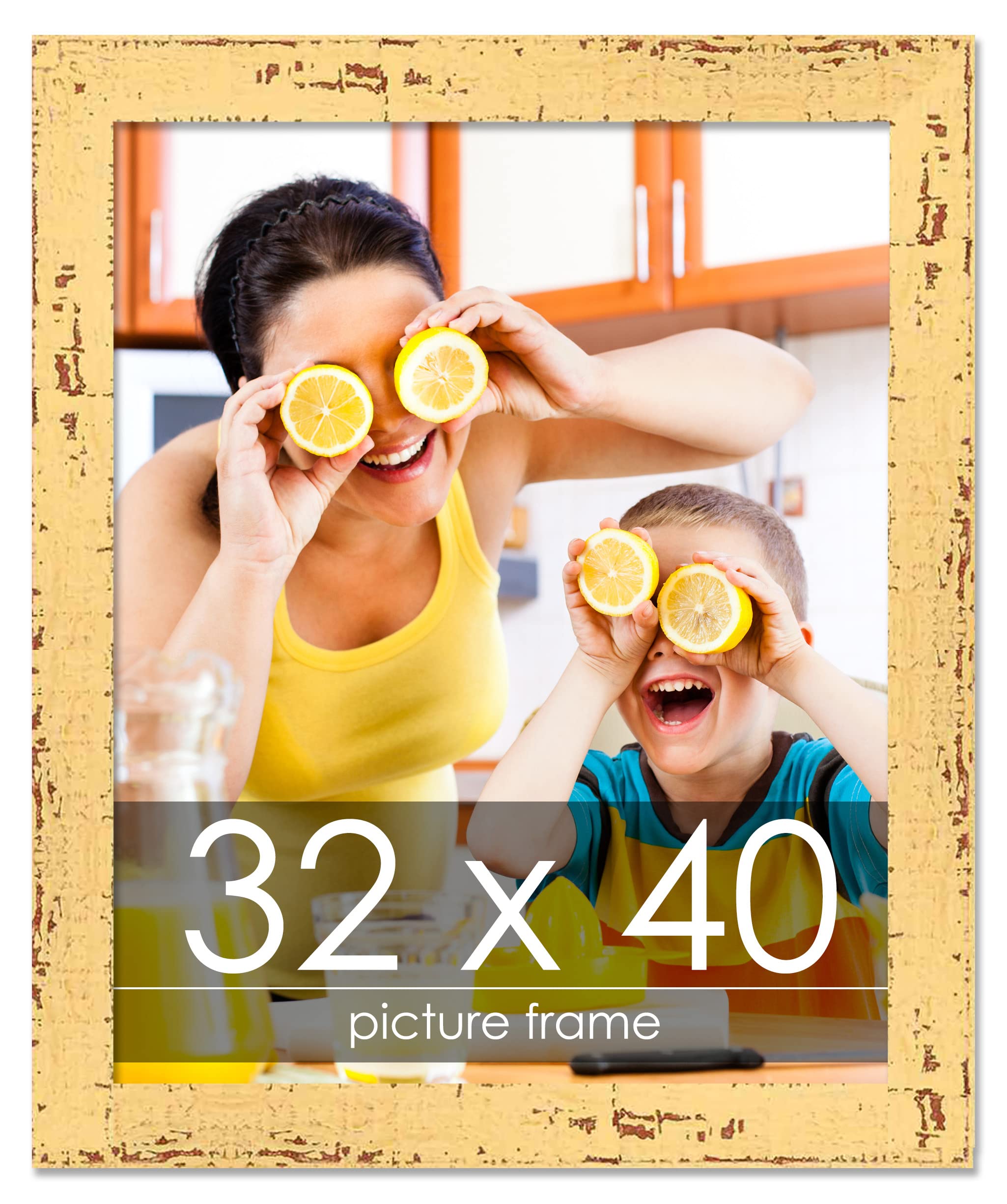 32x40 Yellow Rustic Farmhouse Picture Frame - Solid Wood Shabby Chic Photo Frame with UV Acrylic, Foam Backing & Hanging Hardware - Perfect for Wall Art, Home Decor, Living Room, Bedroom & Office Display