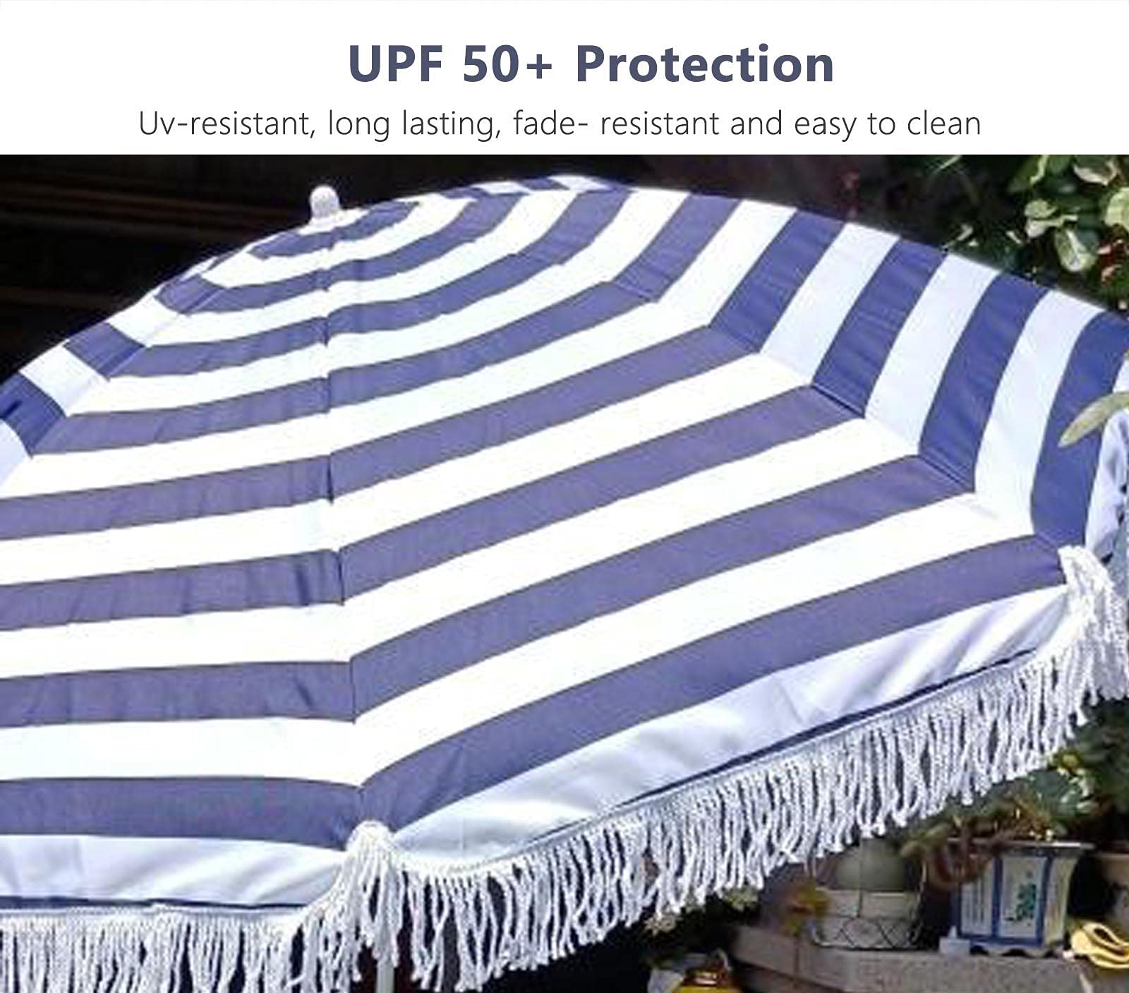 JLXJ Blue & White Striped Waterproof Windproof Beach Umbrella with Fringe - 1.8m Outdoor Sun Shade for Patio, Poolside, Backyard & Balcony | Perfect for Summer Relaxation, Beach Trips & Outdoor Dining