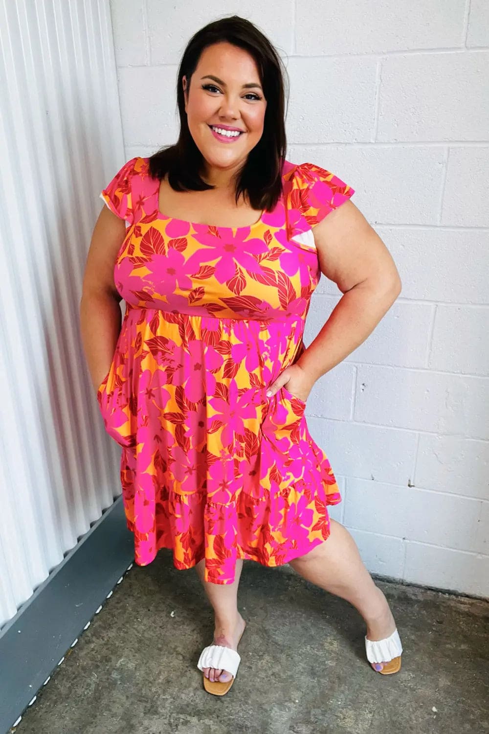 Fuchsia & Orange Tropical Floral Square Neck Summer Dress for Women - Beach Vacation, Party & Casual Outfit