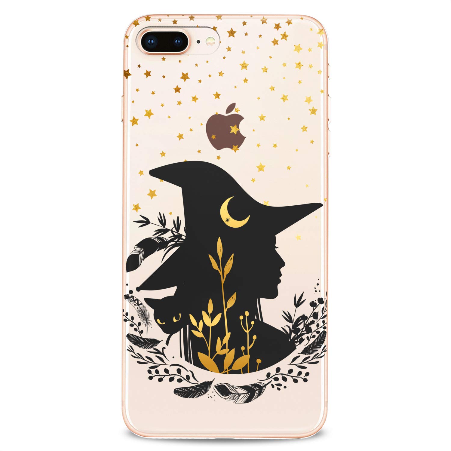Bohemian Witch Clear Night TPU Phone Case for iPhone 16/15/14/13/12/11 Pro Max/Plus/Mini/XS/XR/X/8+/7/6/5/SE - Magical Cute Slim Golden Stars & Black Cat Design Flexible Silicone Cover | Perfect for Women's Fashion, Daily Protection & Gift Giving