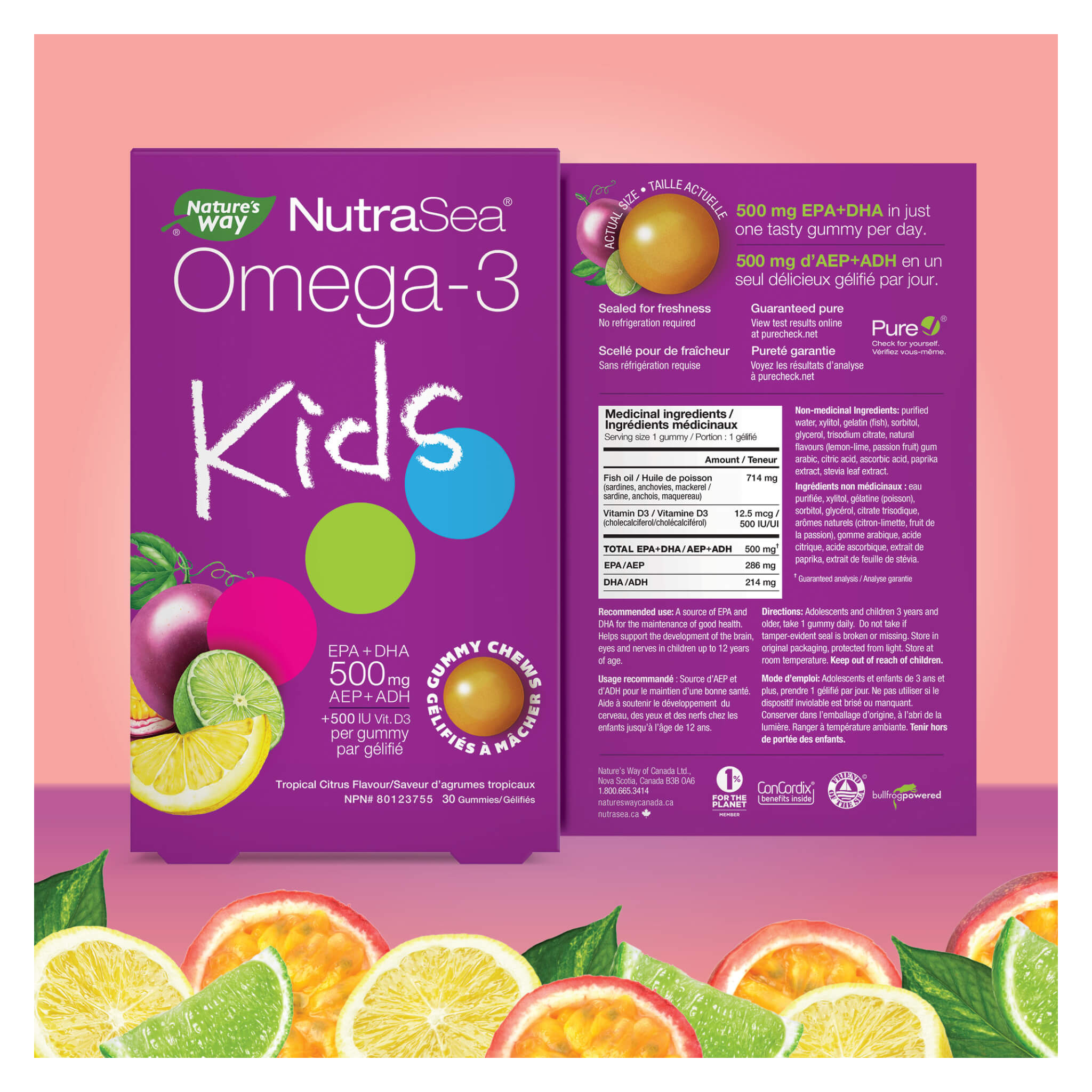 Premium Omega-3 EPA DHA 500mg for Kids - Tropical Citrus Flavor Gummies | Supports Brain Development & Immune Health | Perfect for School Snacks & Picky Eaters
