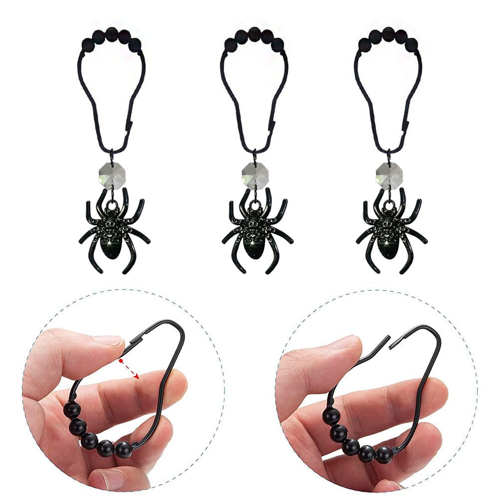 12-Pack Black Stainless Steel Spider Shower Curtain Hooks with Crystal Beads - Rustproof Bathroom Accessories for Halloween Decor, Gothic Theme & Spooky Bathroom Design