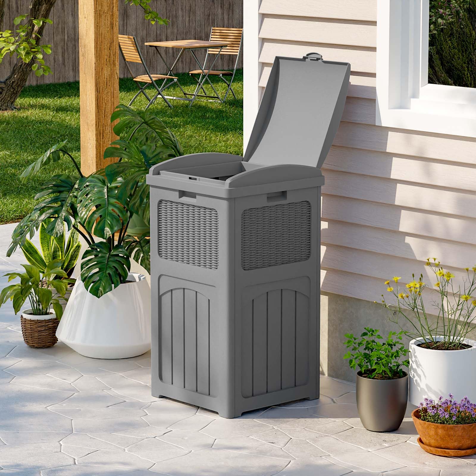 **Patiowell 36 Gallon Outdoor Trash Can with Lid – Durable Resin Garbage Bin for Patio, Backyard, Deck – Weatherproof & Heavy-Duty – Ideal for Outdoor Waste Disposal (Gray)**    *(Perfect for BBQs, Poolside, Garden, and Camping – Keeps Your Space Clean & Organized)*