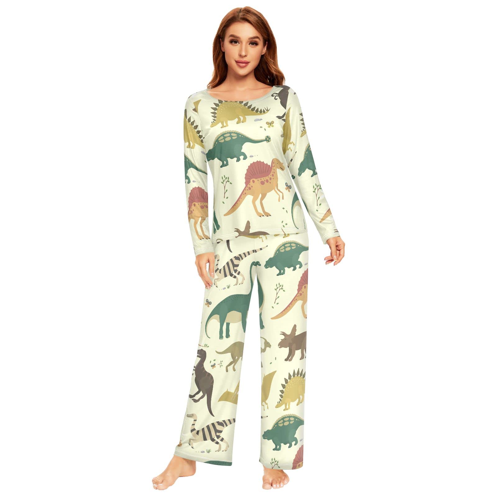 **KFBE Women's Dinosaur Pajama Set - Long Sleeve Sleepwear Top & Pants Lounge Outfit - Cozy Loungewear for Women - Perfect for Sleepovers, Movie Nights & Relaxing at Home**