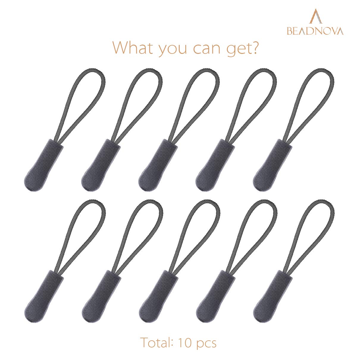 BEADNOVA Heavy Duty Nylon Zipper Pull Cord - Non-Slip Textured Grip, Durable Extension for Suitcases, Luggage, Backpacks, Jackets & Bags (10 Pack, Grey) - Perfect for Travel, Outdoor Gear & Clothing Accessories