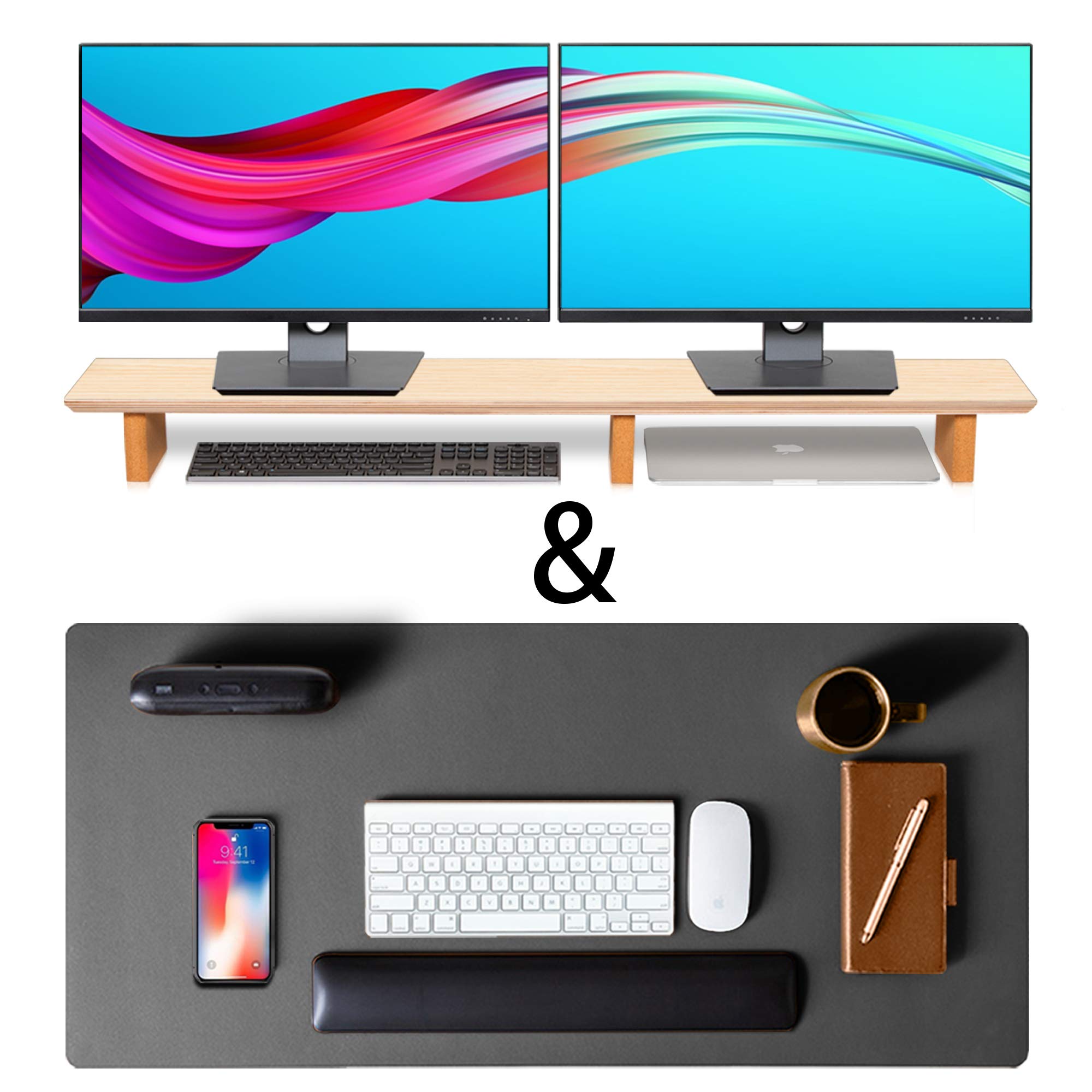 Premium Genuine Leather Desk Pad & Monitor Stand - Ergonomic Laptop Riser with Non-Slip Base for Home Office, Gaming Setup, and Workspace Organization