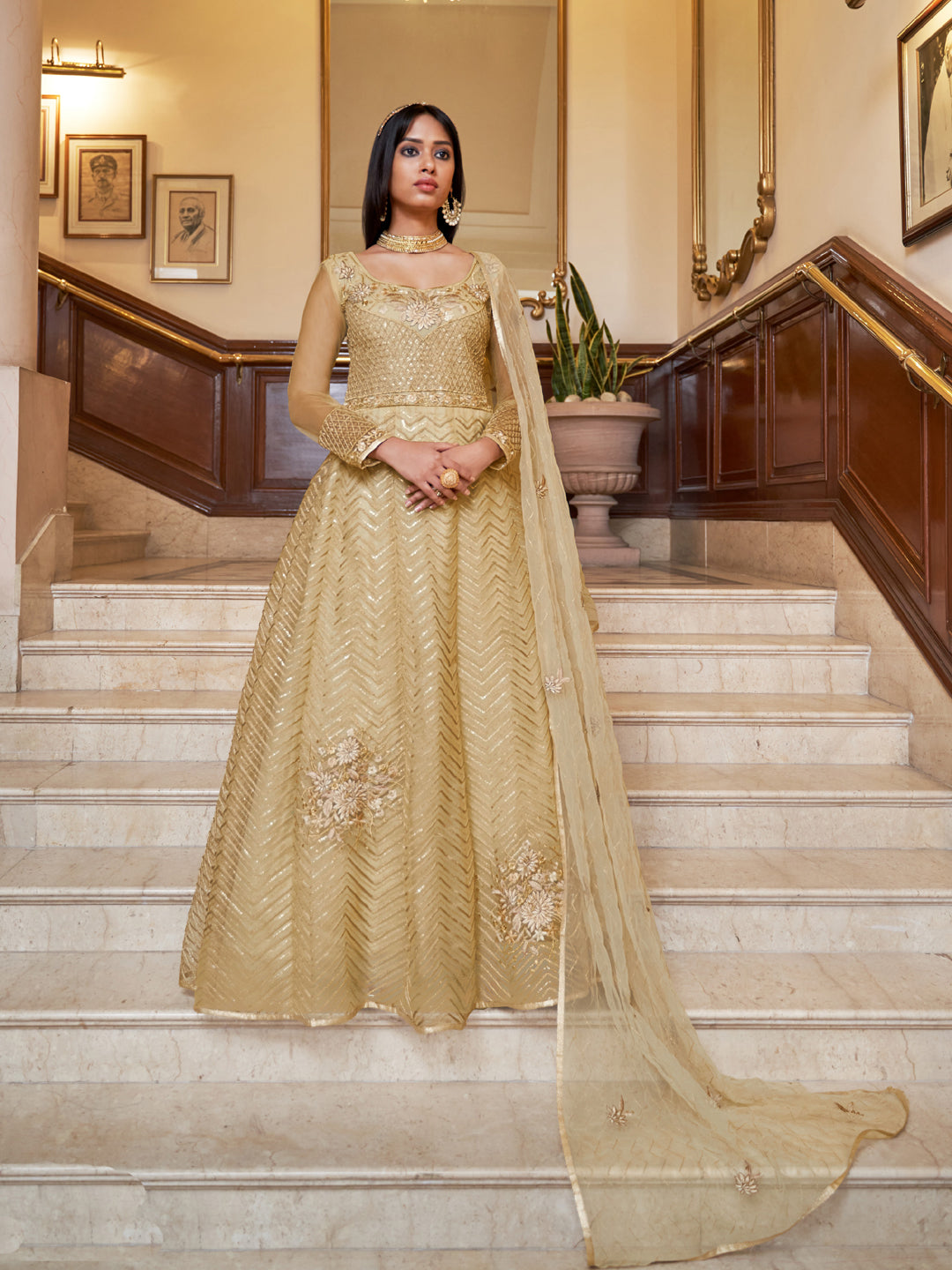 Elegant Beige Traditional Heavy Semi-Stitched Net Anarkali Suit with Intricate Embroidery Work - Perfect for Weddings, Festivals & Special Occasions