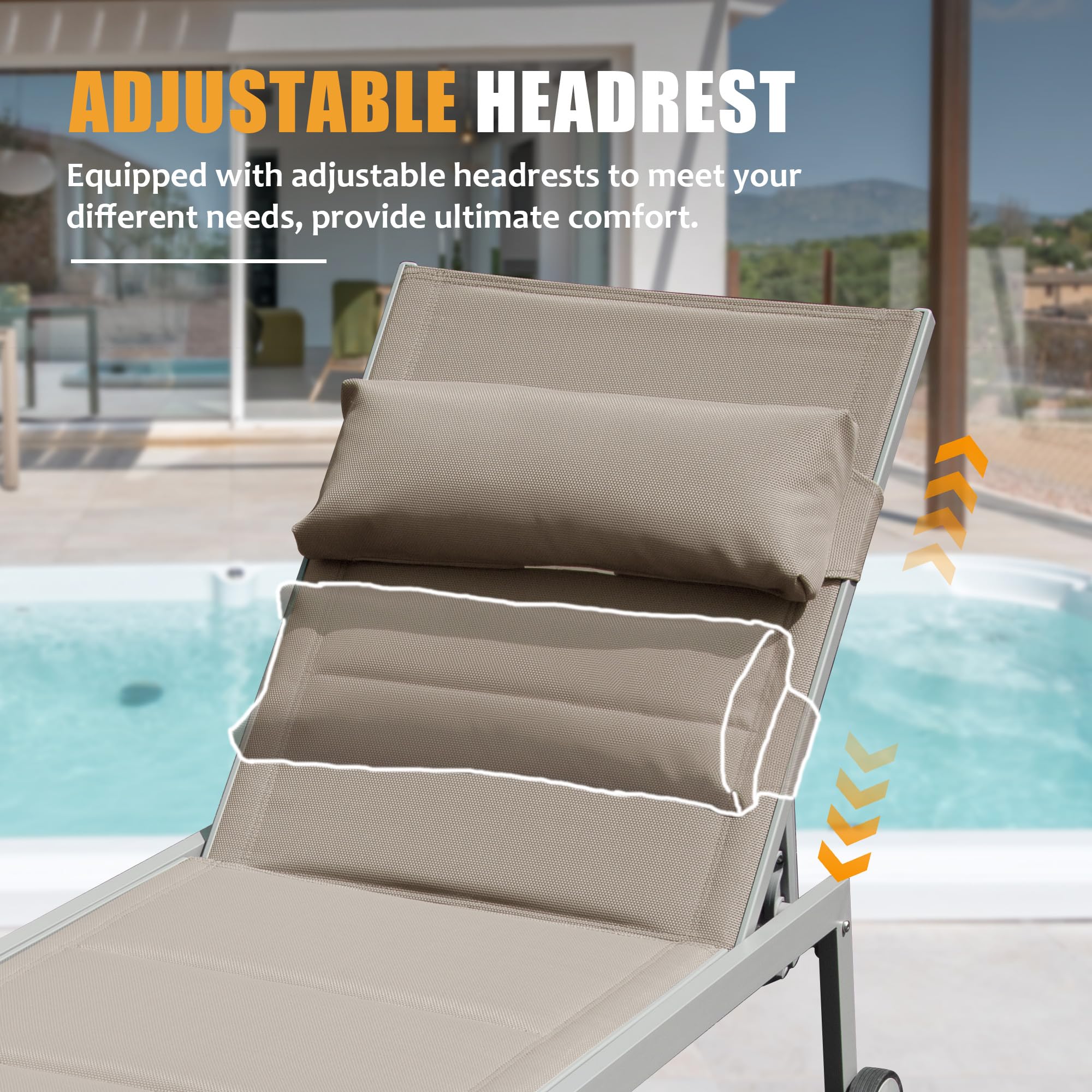 Domi Patio 3-Piece Chaise Lounge Set with Adjustable Recliner, Textilene Padded Aluminum Pool Lounge Chairs & Side Table - All-Weather Outdoor Furniture for Backyard, Deck, Poolside, Beach, and Garden Use